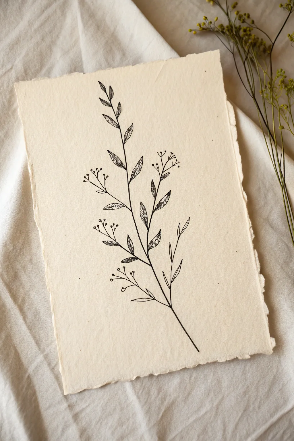 Minimal botanical stem line painting with airy negative space, calm Scandinavian boho vibe.