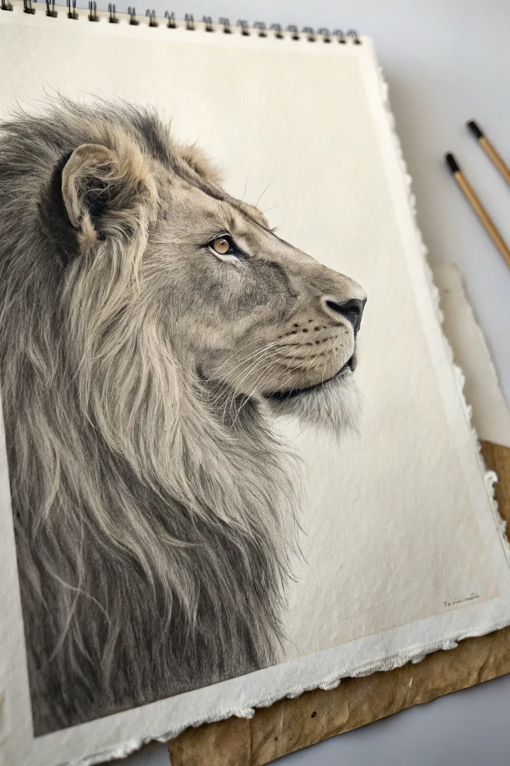 Regal lion profile with calm gaze and flowing mane, a minimalist sketch idea with noble detail