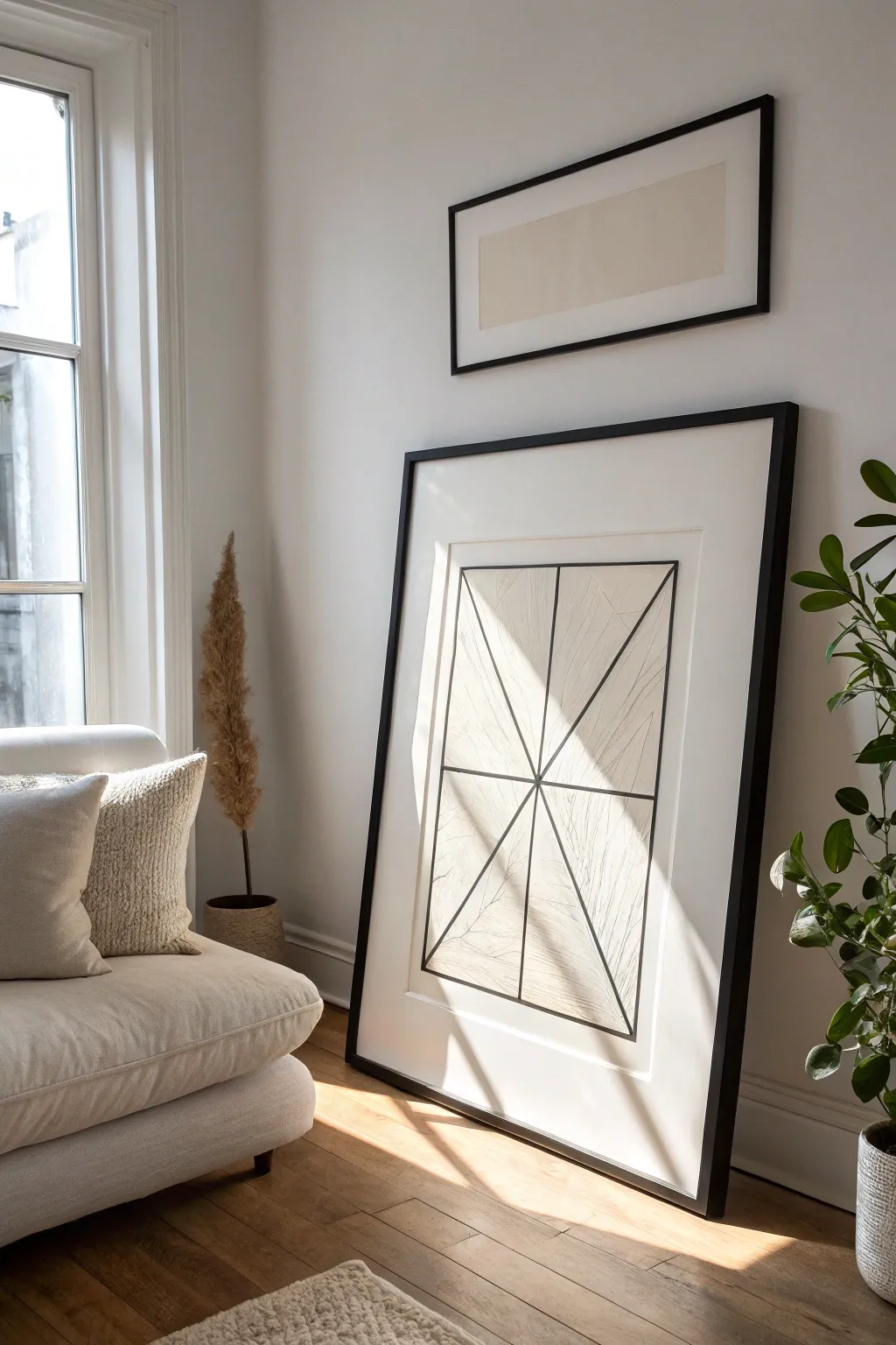 Crisp white walls meet bold black framing for a clean, gallery-like living room contrast.