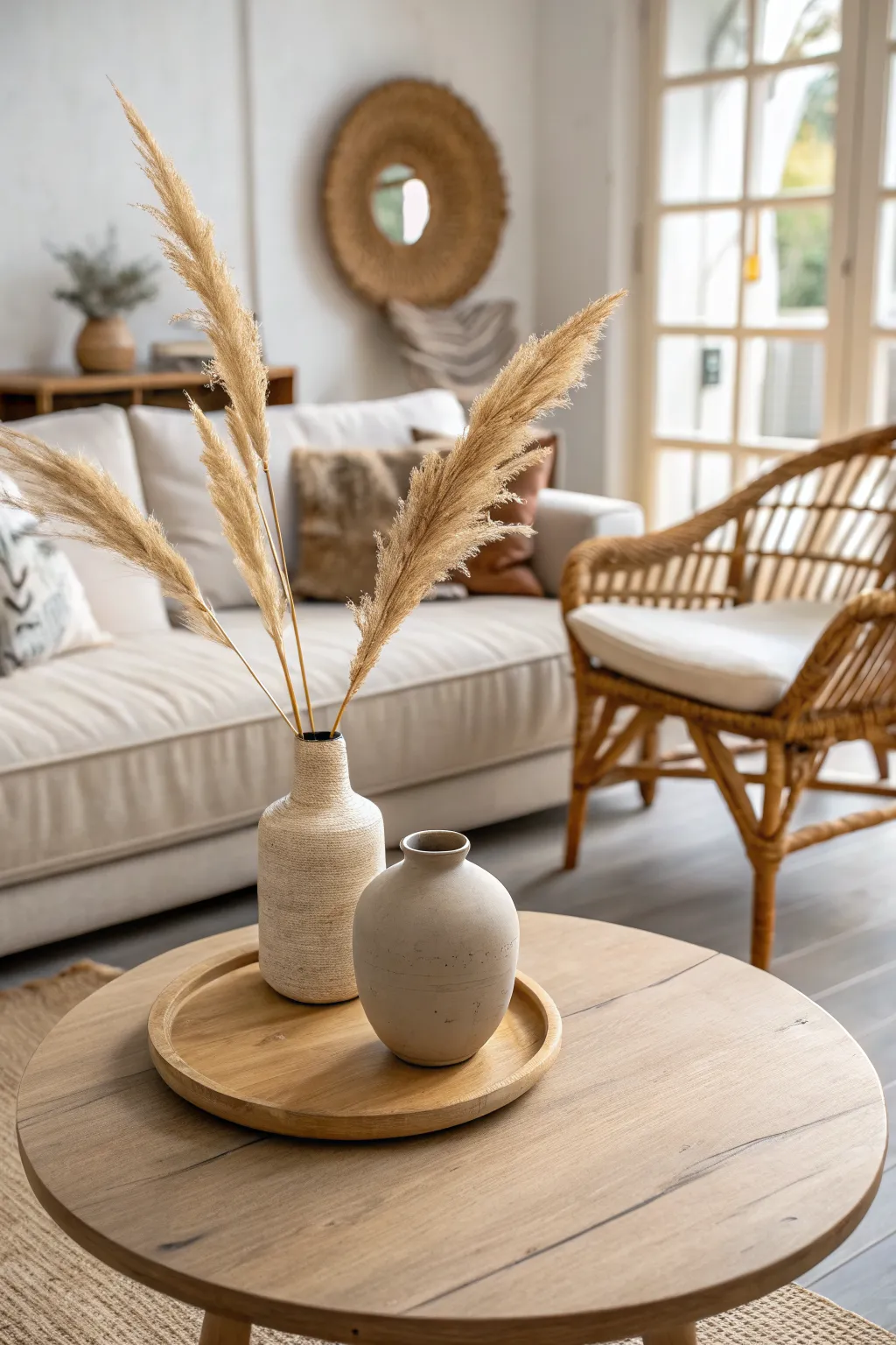 Create a cozy conversation circle with soft neutrals, warm wood, and inviting seating.