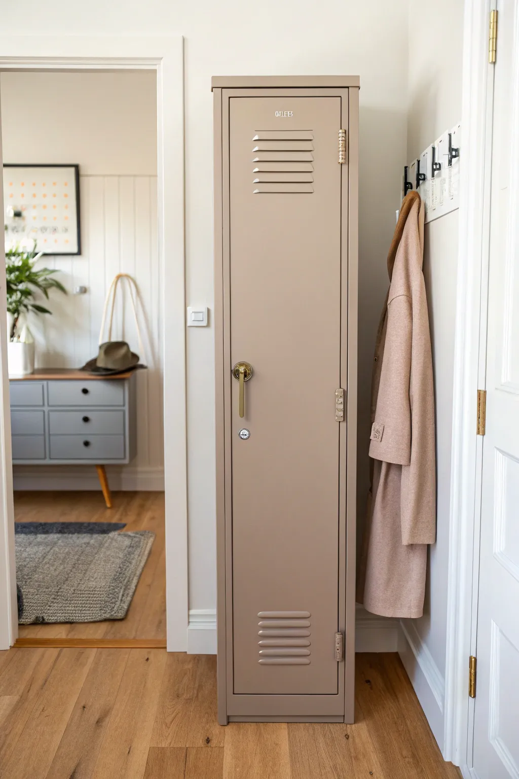 Soft neutral matte locker paint idea for a calm, cozy entryway in minimalist boho style.