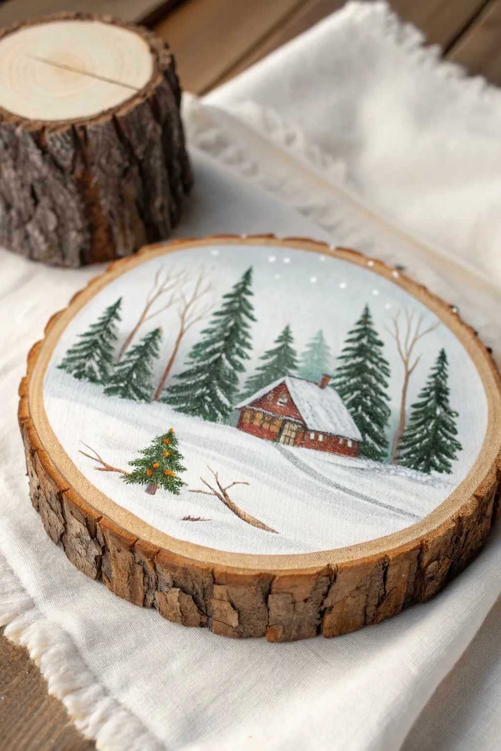 Snowy cabin and pines painted on a log slice, framed by raw bark for rustic winter charm