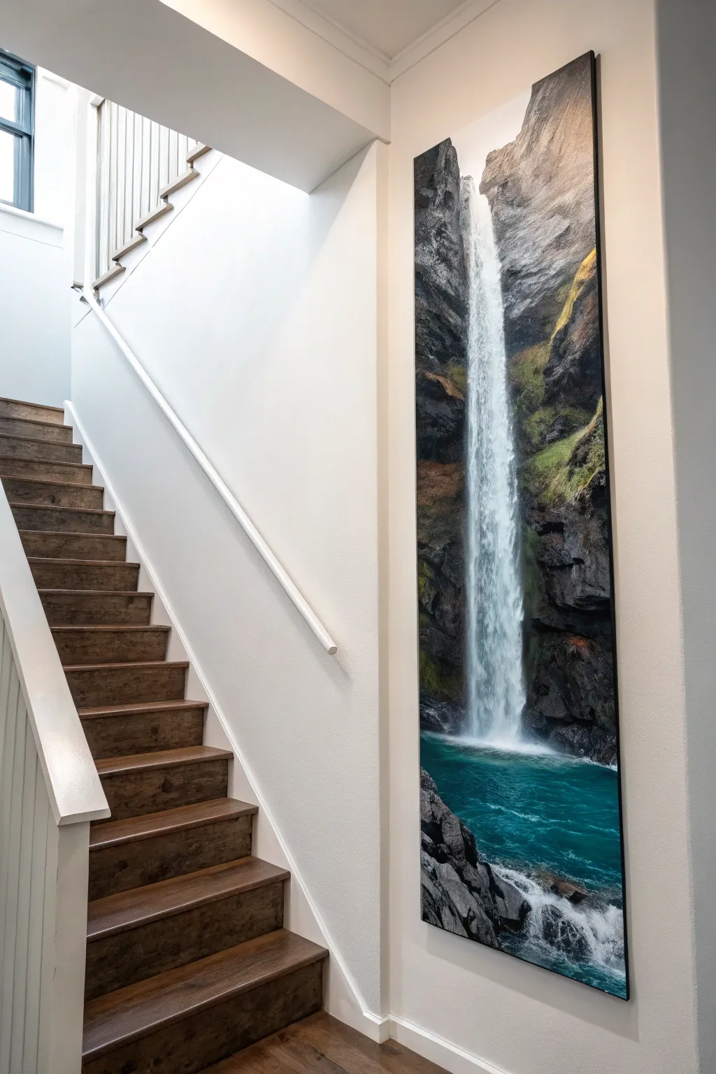 Long vertical waterfall painting with bold splashy texture, styled on a serene stairwell wall