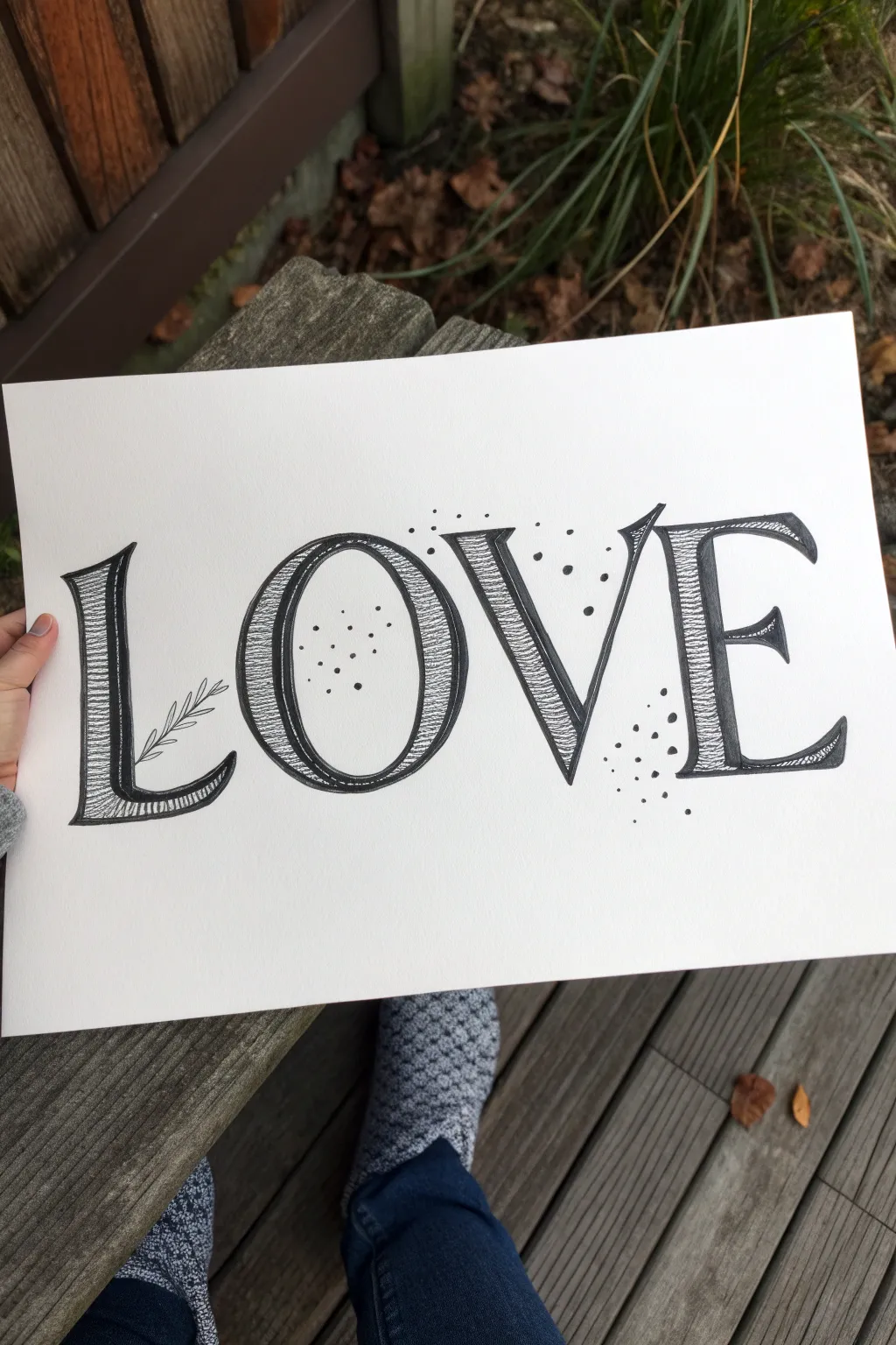 Modern minimalist LOVE lettering with four textures, crisp black ink on warm white paper.