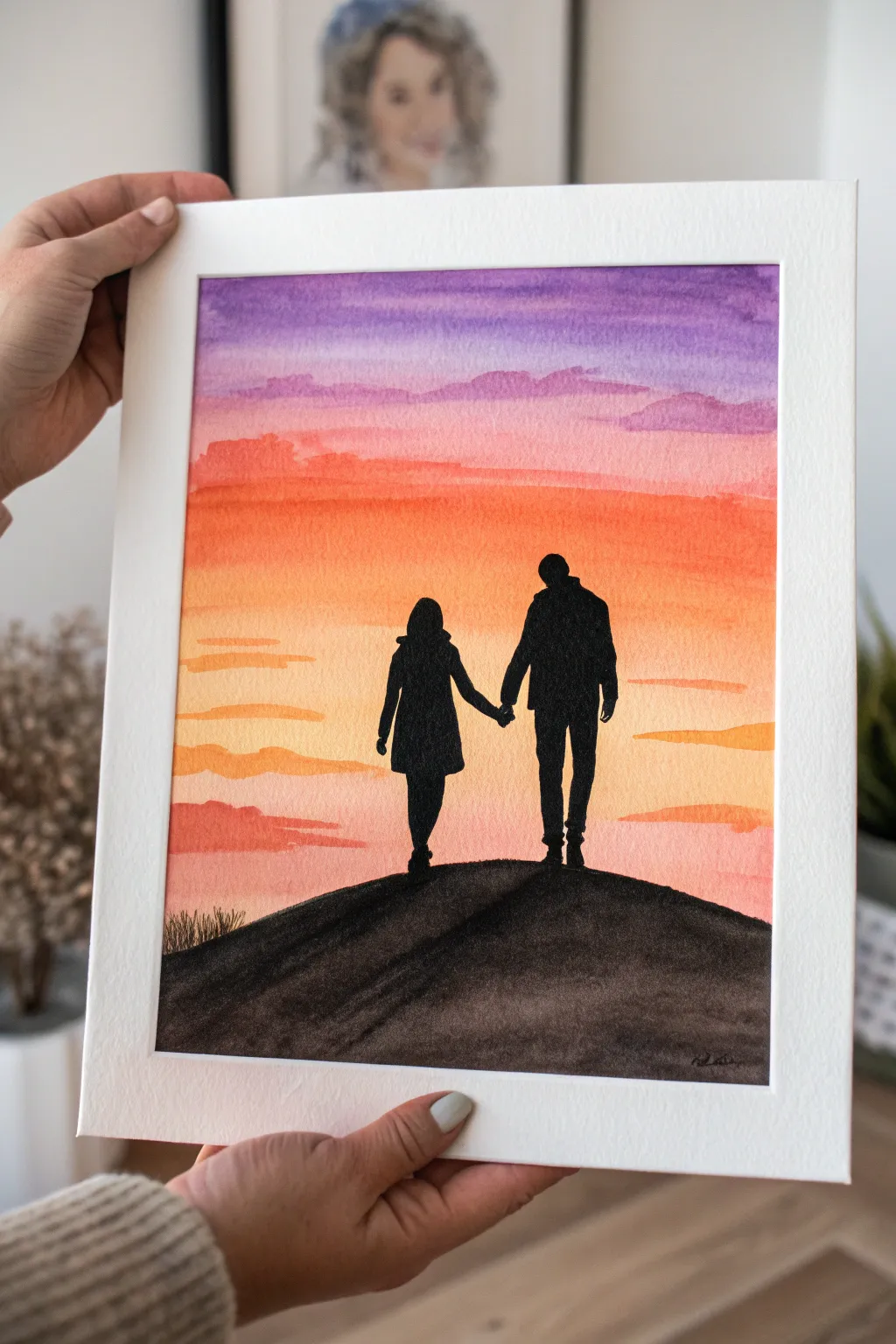 Romantic sunset silhouette: a simple couple holding hands, perfect for love painting inspiration.