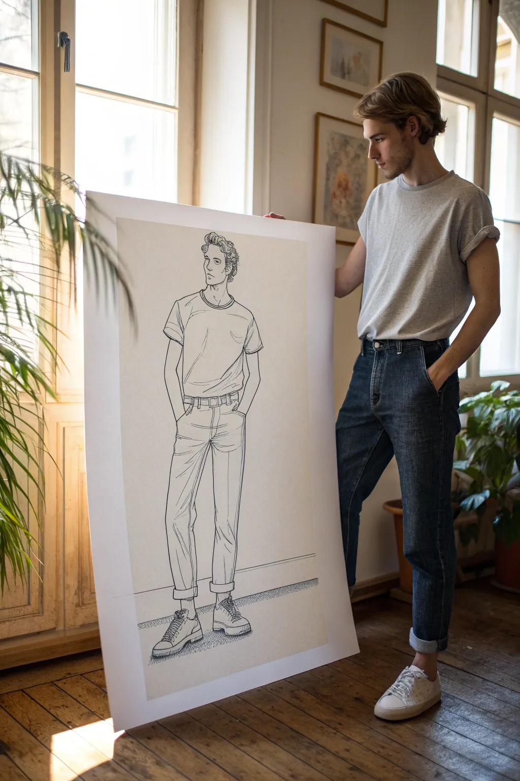 Minimal front-view sketch of a man in tee and jeans, highlighting natural fabric tension.