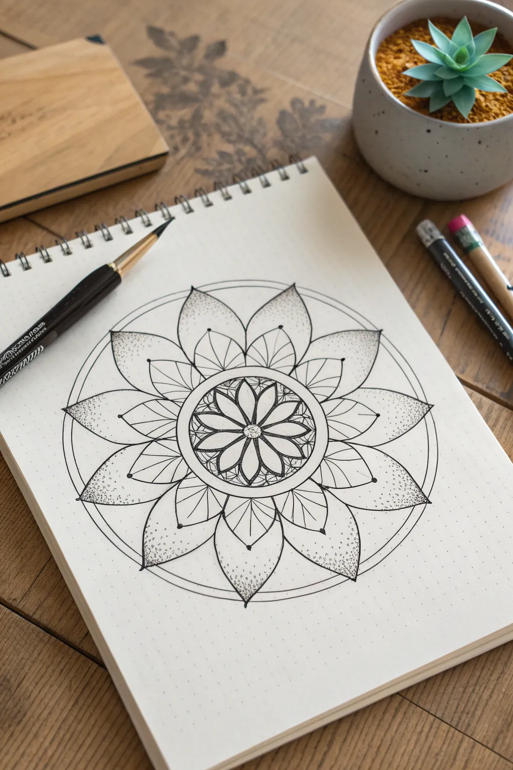 Layered lotus-petal mandala rings with crisp ink lines and a softly visible pencil grid