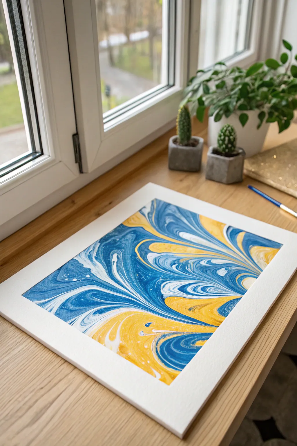 Bold blue and yellow marble swirls with crisp contrast for a modern, boho-inspired look.