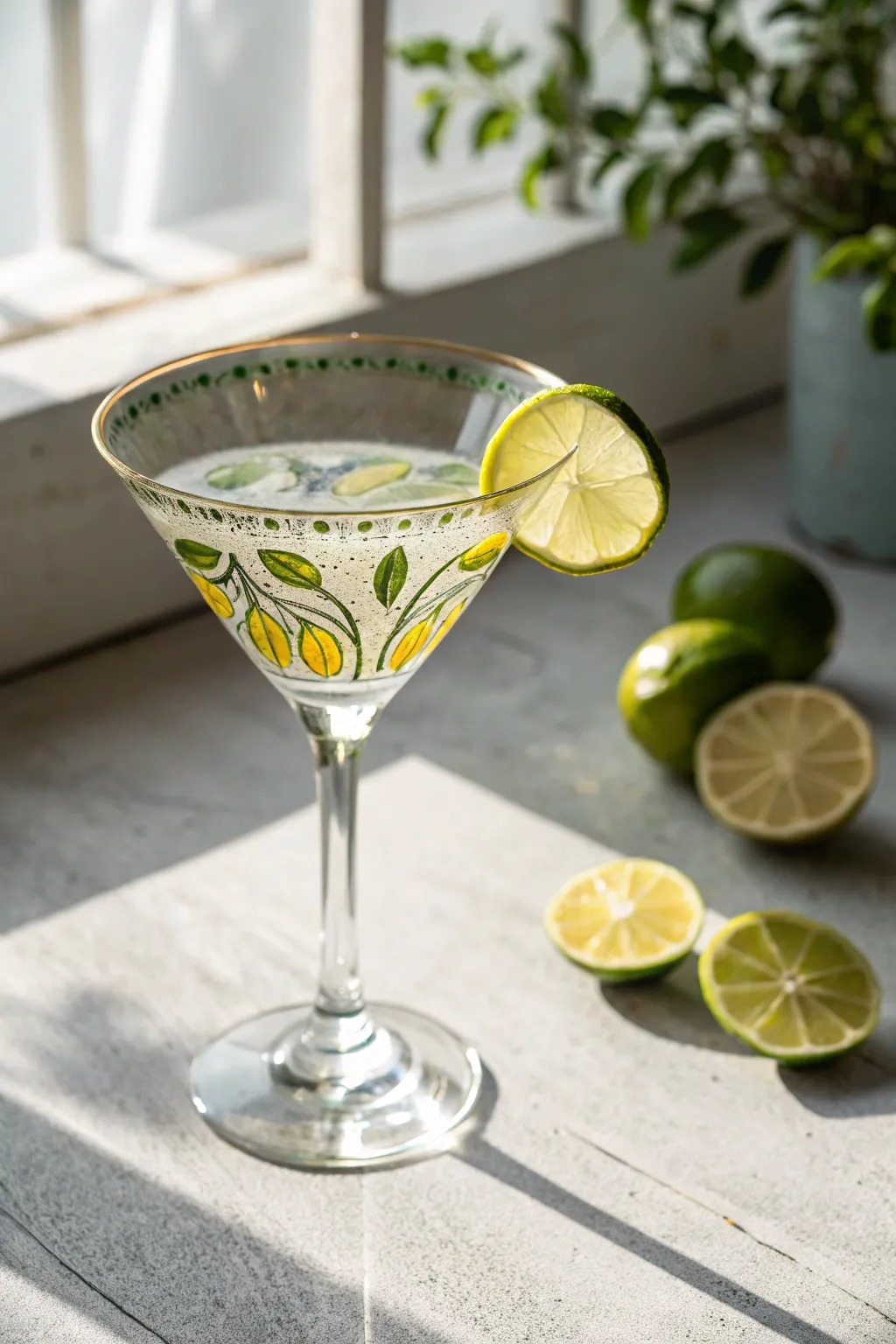 Crisp lemon and lime wedge rim border on a clear martini glass, minimalist, sunny, refined.