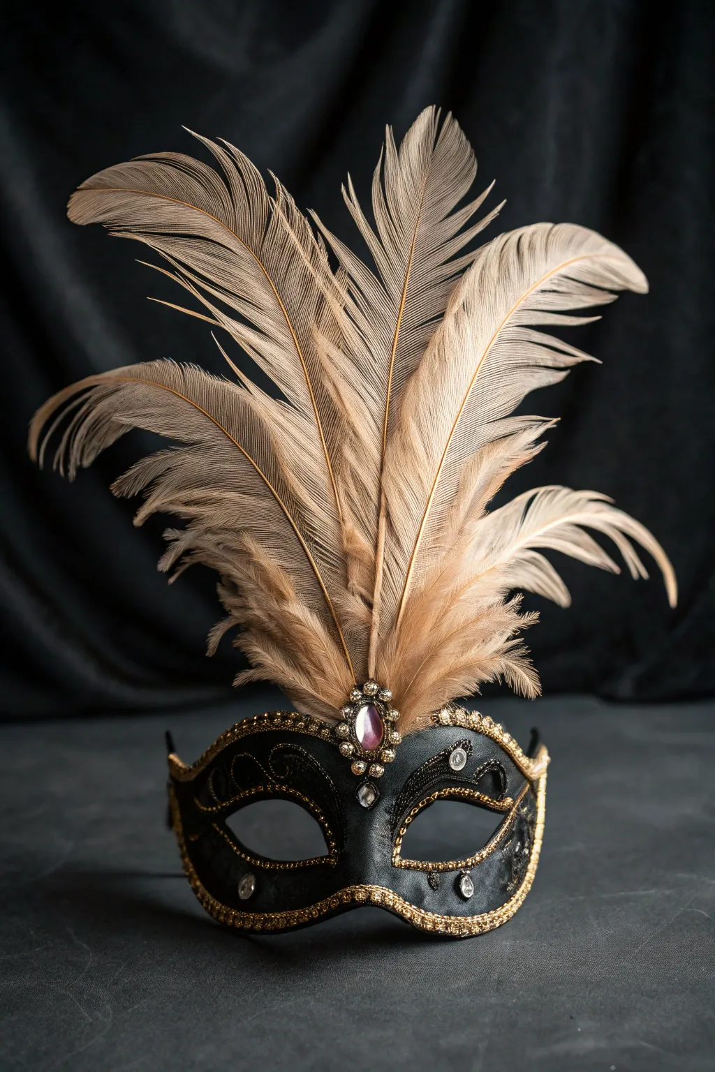 Feather-and-gem statement mask on a dark backdrop for a bold yet minimalist boho look.