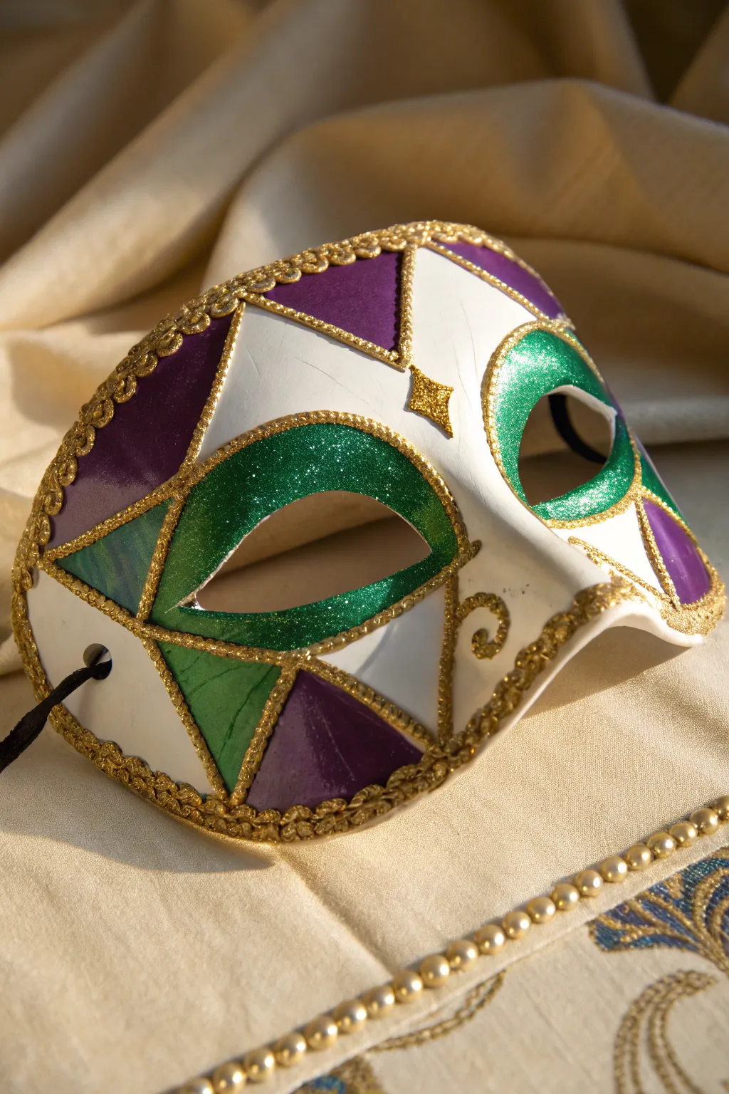 Classic Mardi Gras half-mask in purple, green, and gold with crisp edges and bold contrast.