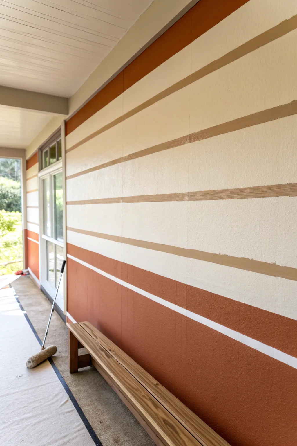 Wide horizontal masking-tape stripes and fresh paint create a room-widening accent wall.