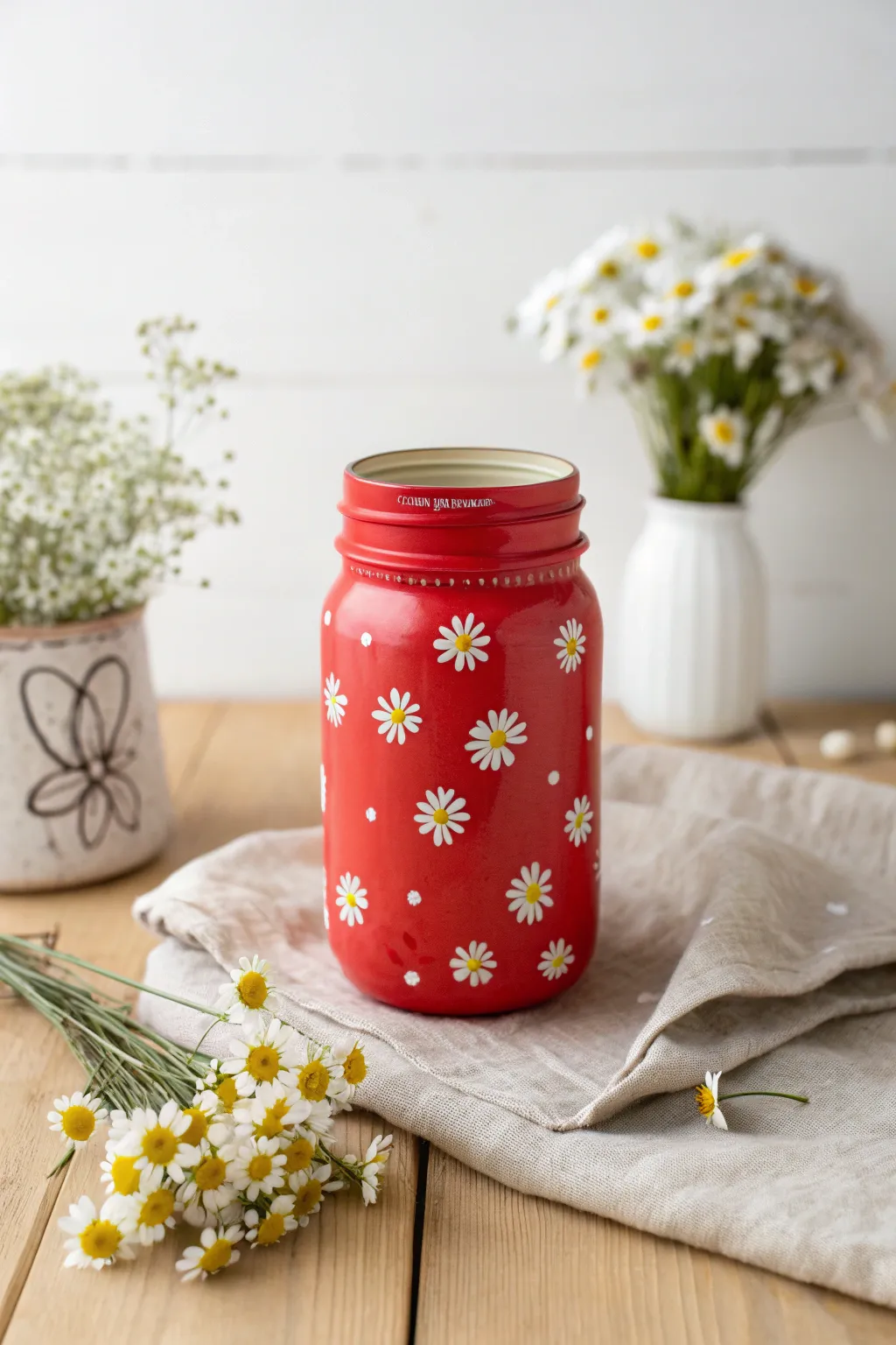 Paint a bright mason jar with sweet daisy dots for an easy, minimalist boho centerpiece.