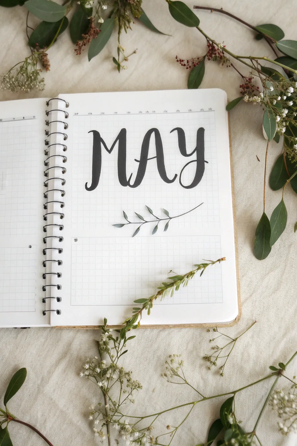Bold May hand lettering with woven vines, tiny blossoms, and a clean blank mini-calendar corner