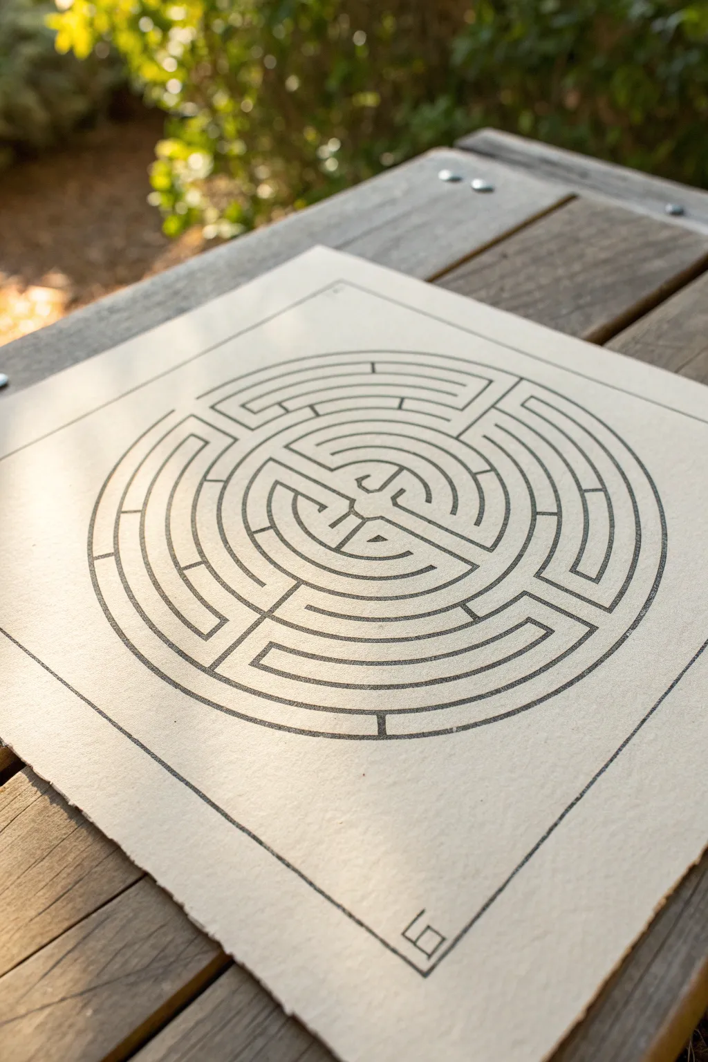 Nested box maze with crisp black lines and clean entry and exit, minimalist boho mood.