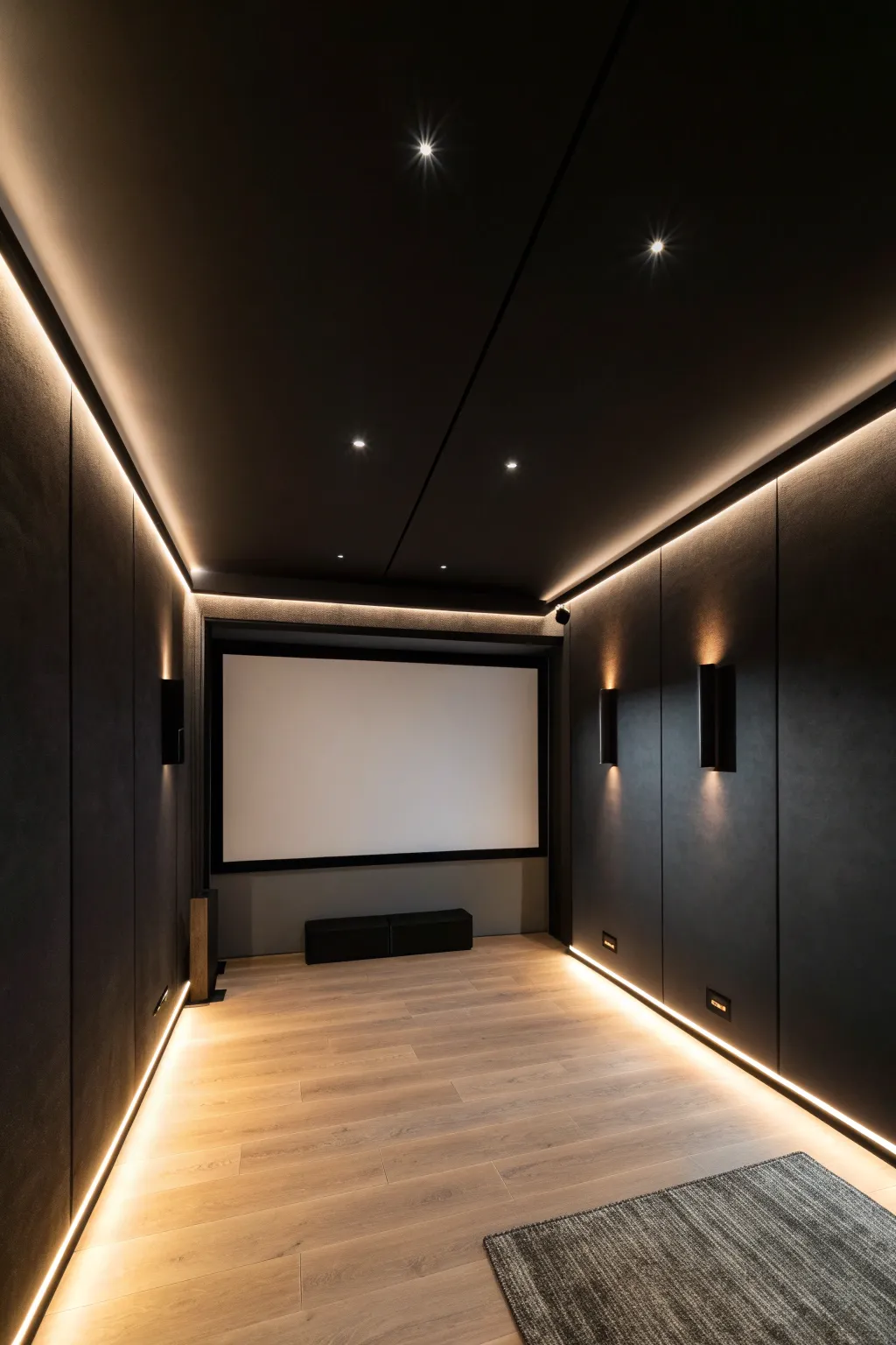 All-black color drenching with a glowing screen and soft baseboard light for total immersion