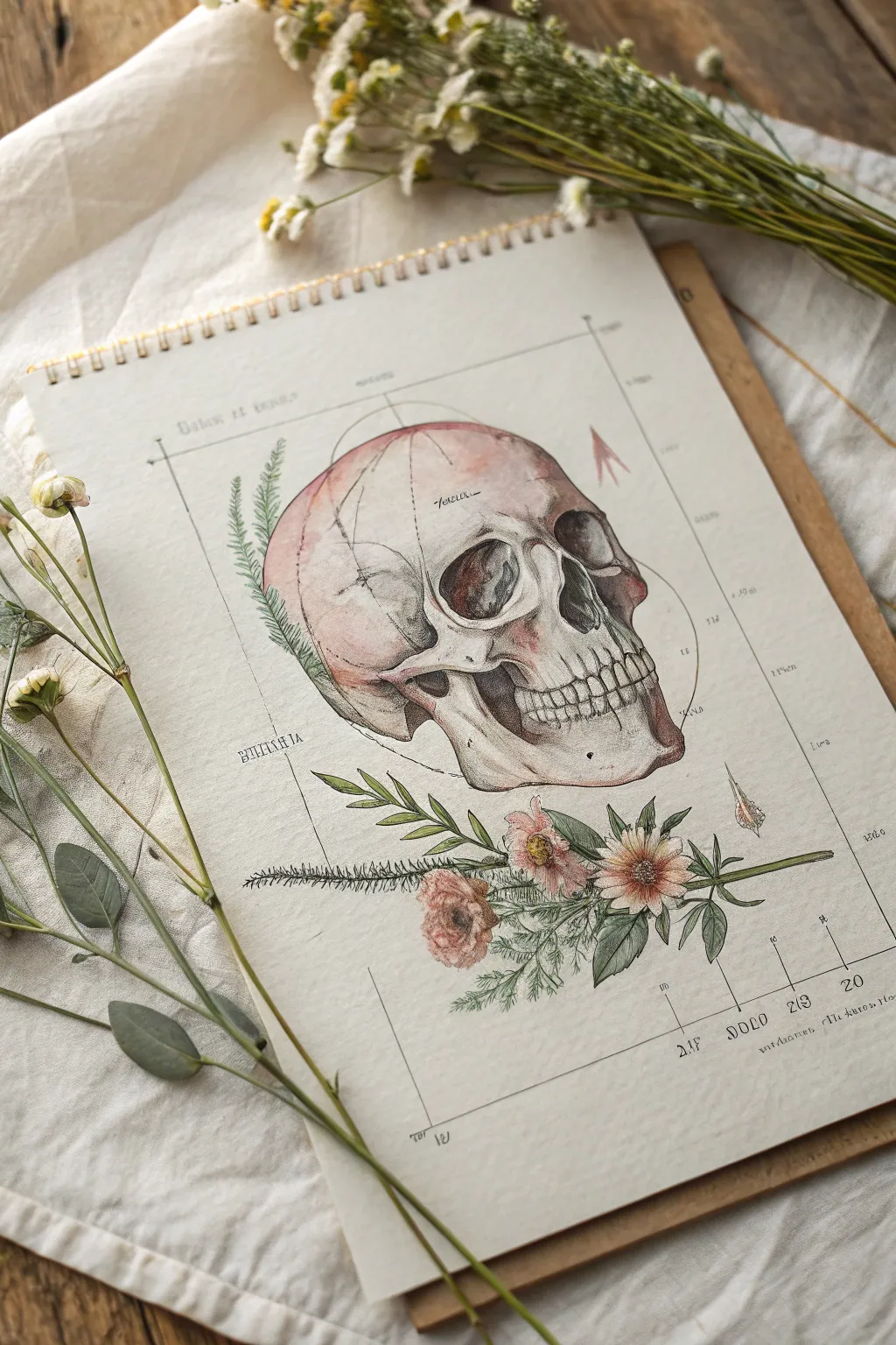 Minimal skull watercolor with delicate florals and unlabeled anatomy linework for modern medical art