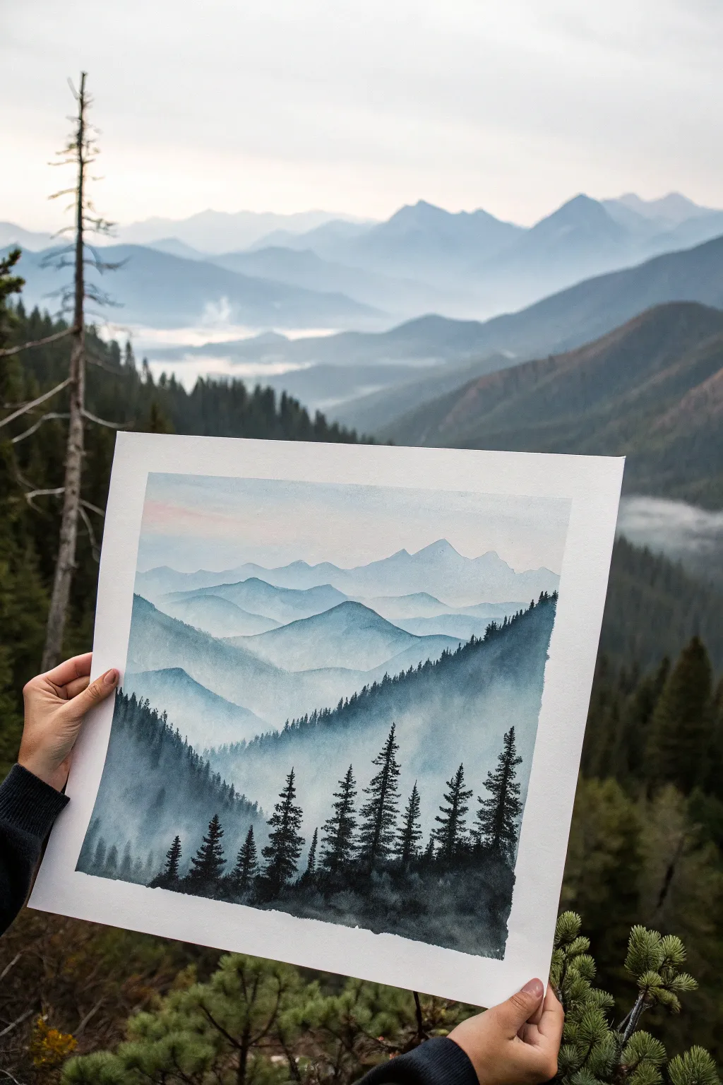 Practice atmospheric perspective with layered mountains fading into a soft sky wash in calming neutrals.