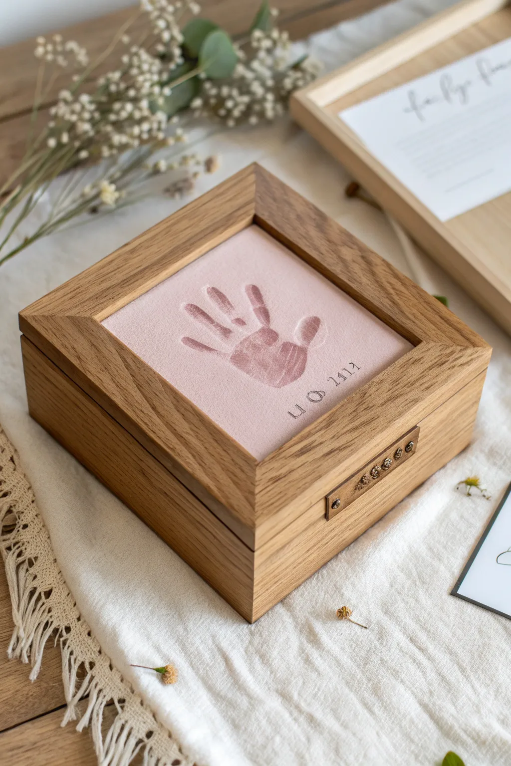 Minimal wooden memory box with a painted handprint lid, soft boho neutrals and clean contrast.