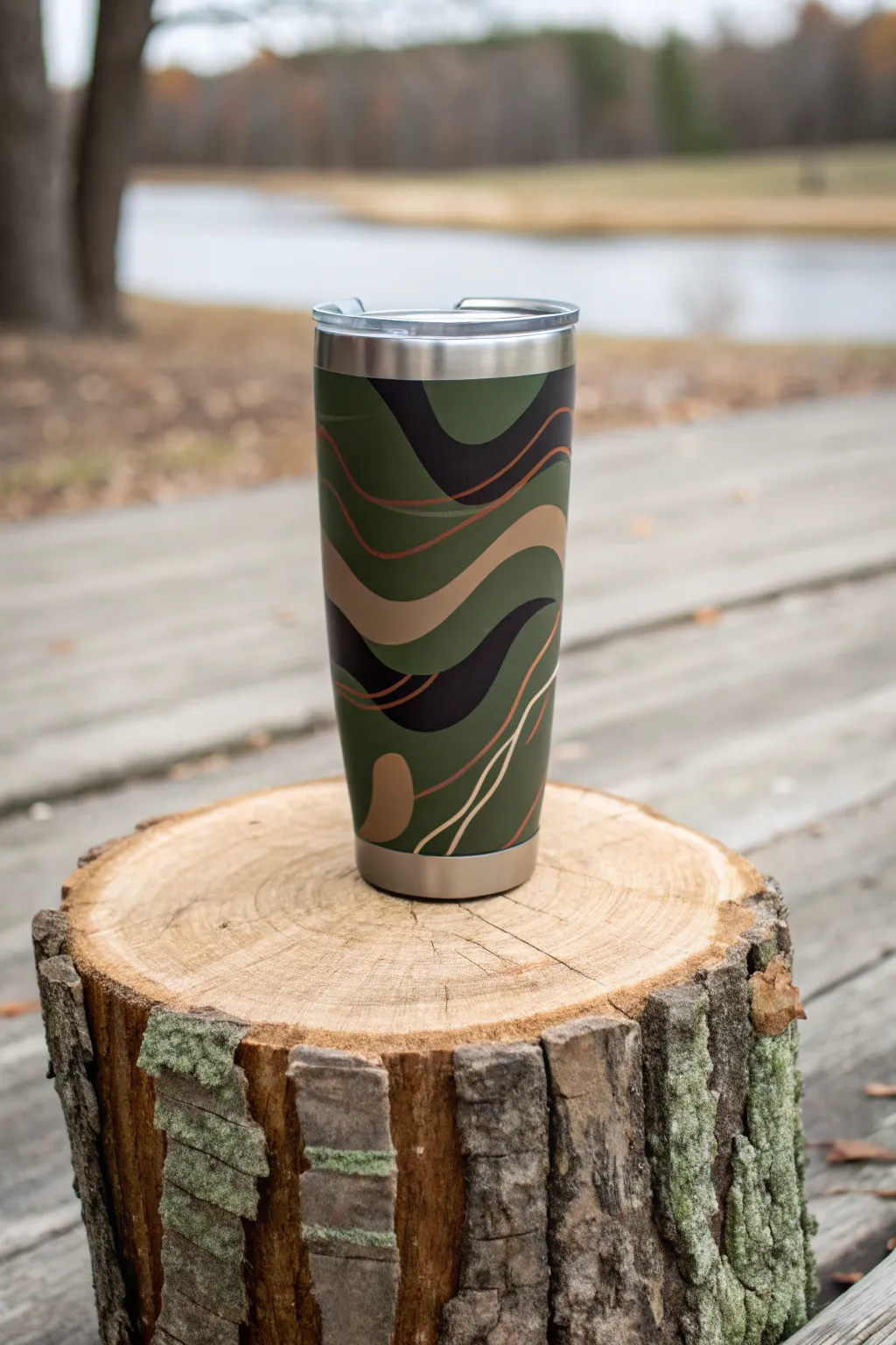 Camo epoxy tumbler with a glossy resin finish, styled simply outdoors for rugged craft vibes