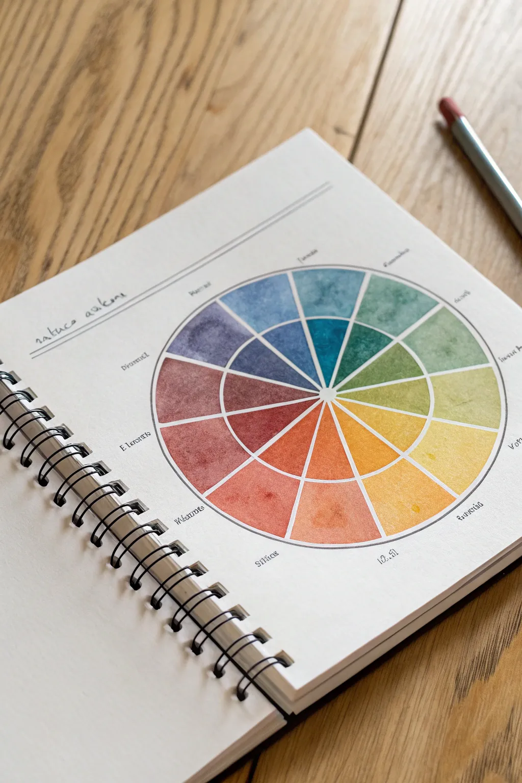 Create a calming emotions color wheel with soothing palettes and tiny marks for feelings.