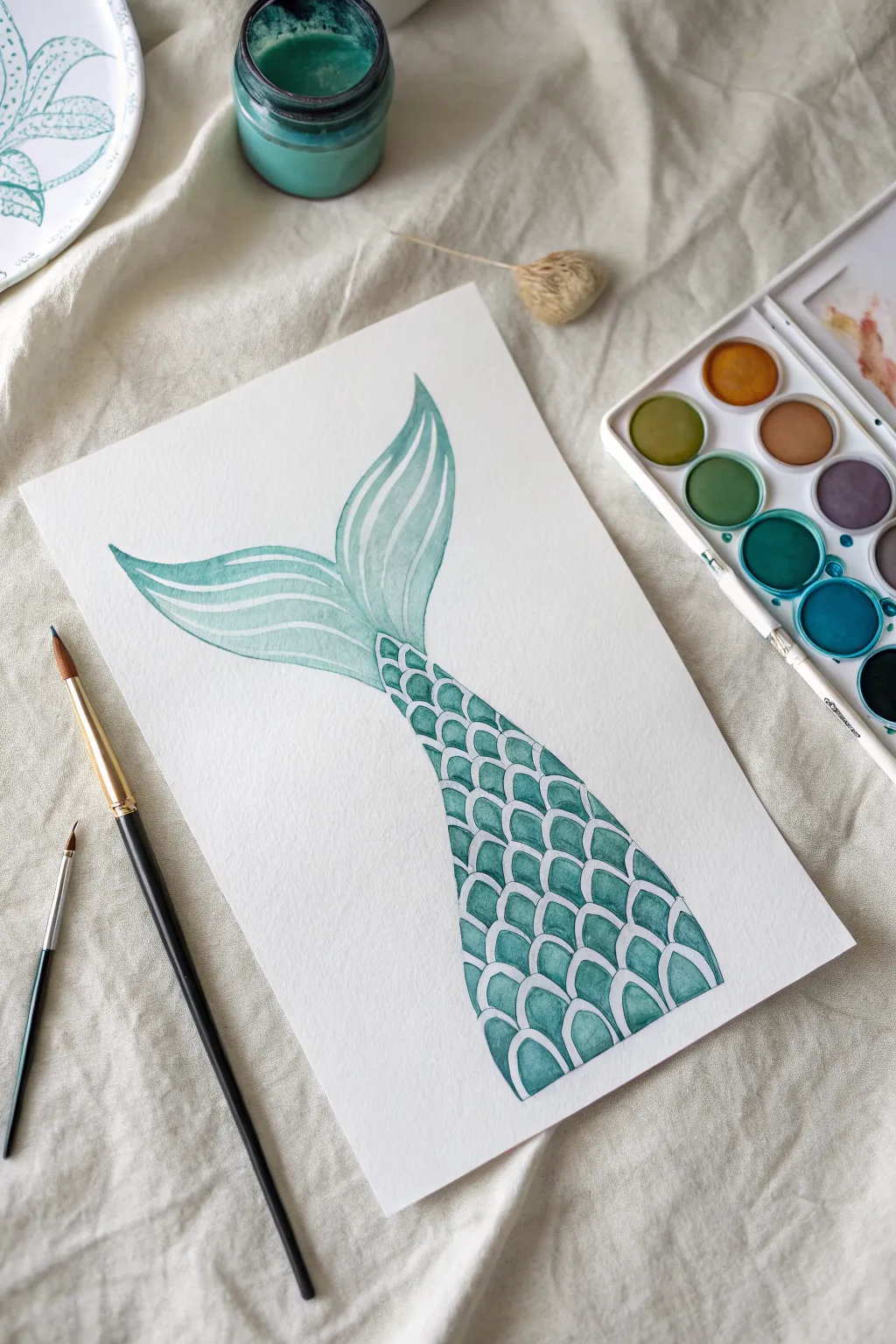 Beginner U-shape scale rows on a mermaid tail, a simple watercolor pattern to practice