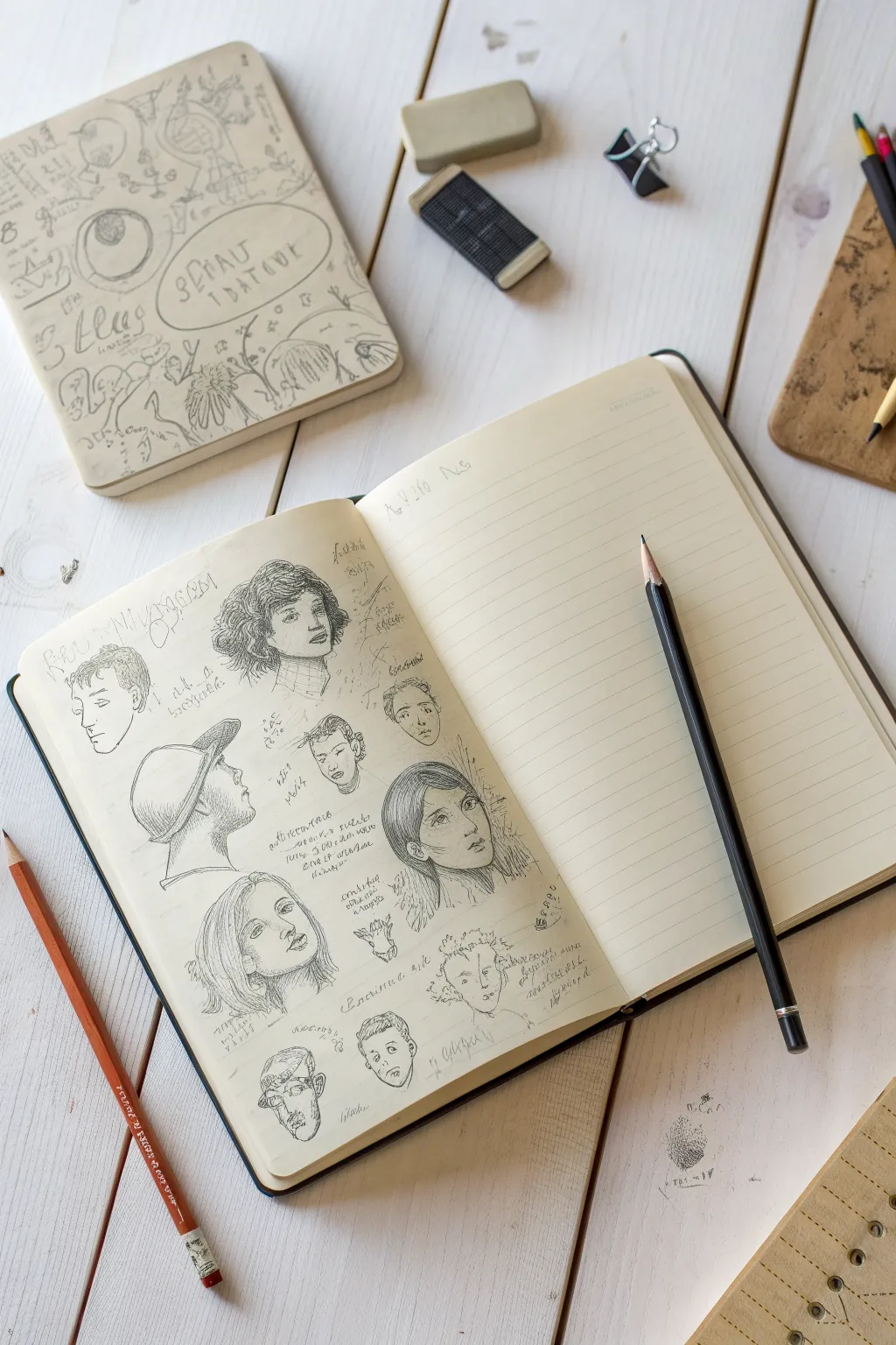 Overlapping sketches on one page, with construction lines, smudges, and revisions left beautifully visible.