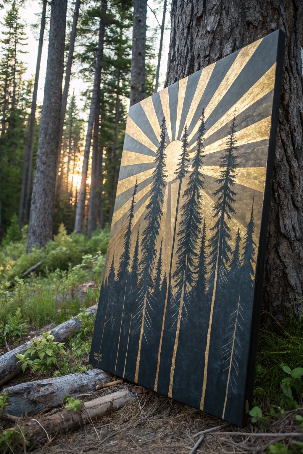 Metallic acrylic sunrays slice through a dark forest, glowing from a single bright sun point