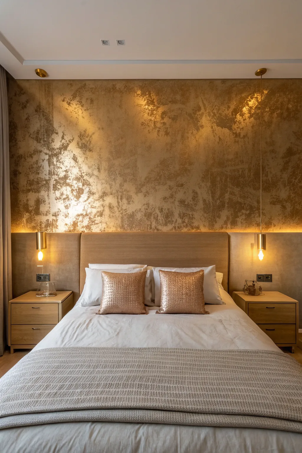 Soft dusk glow on a metallic feature wall behind the bed, calming Scandinavian boho mood
