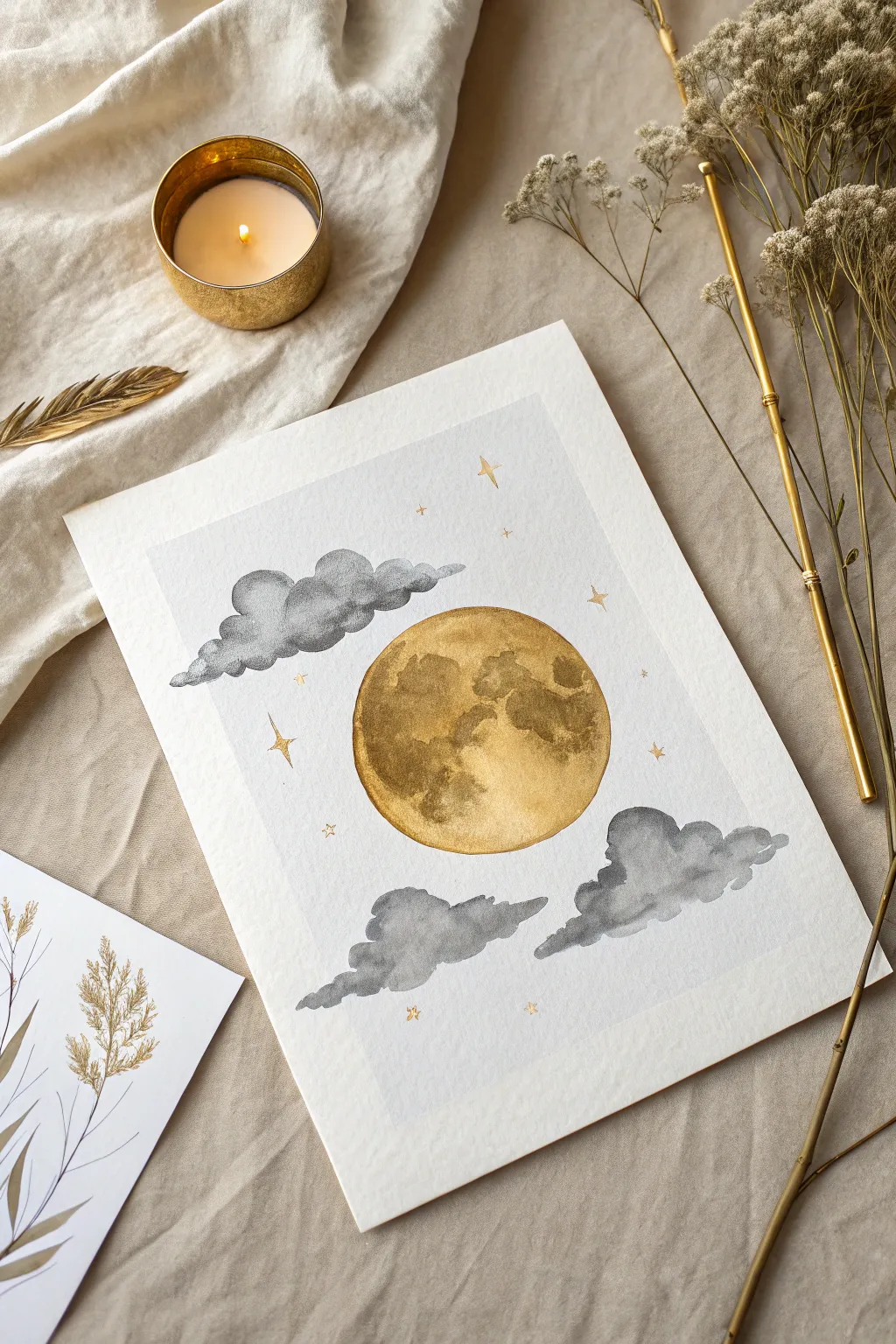 Paint a metallic gold moon with soft gray clouds and delicate silver edges in a minimalist style.