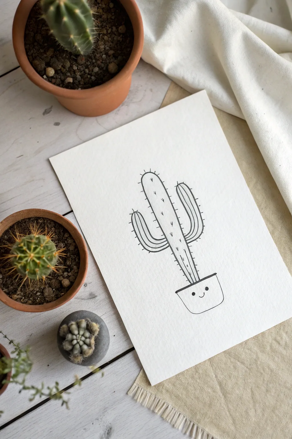 Sweet saguaro cactus character sketch in minimalist boho style, perfect for Mexico drawing ideas