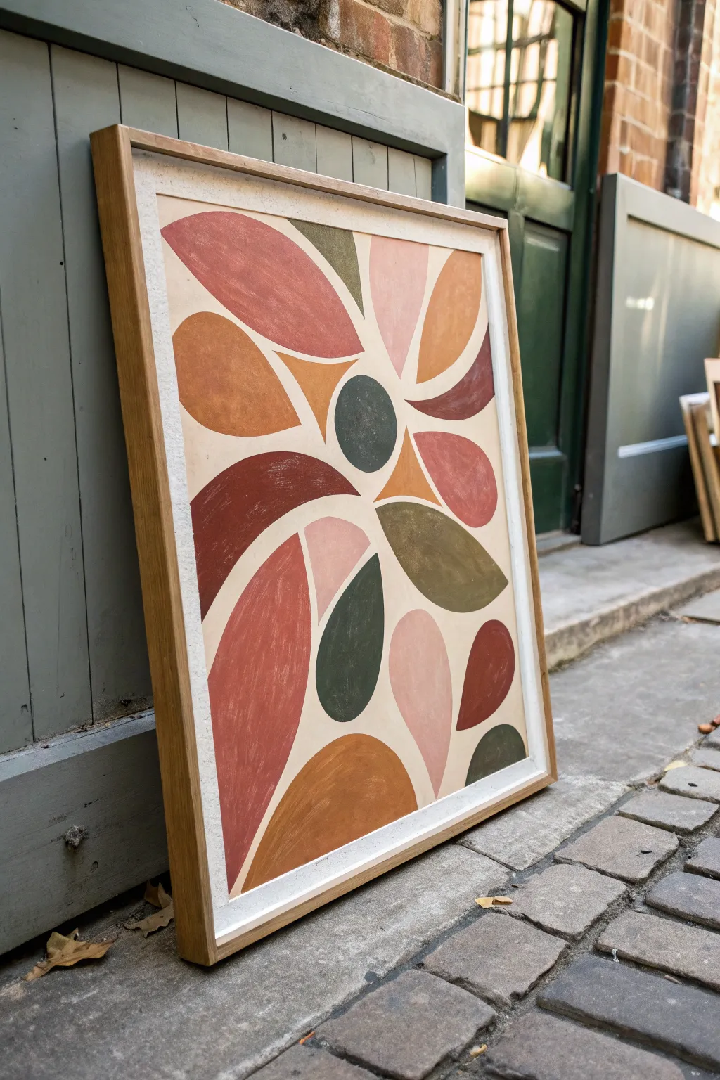 Layered kidney-shape abstractions in warm neutrals for a calm mid-century modern vibe