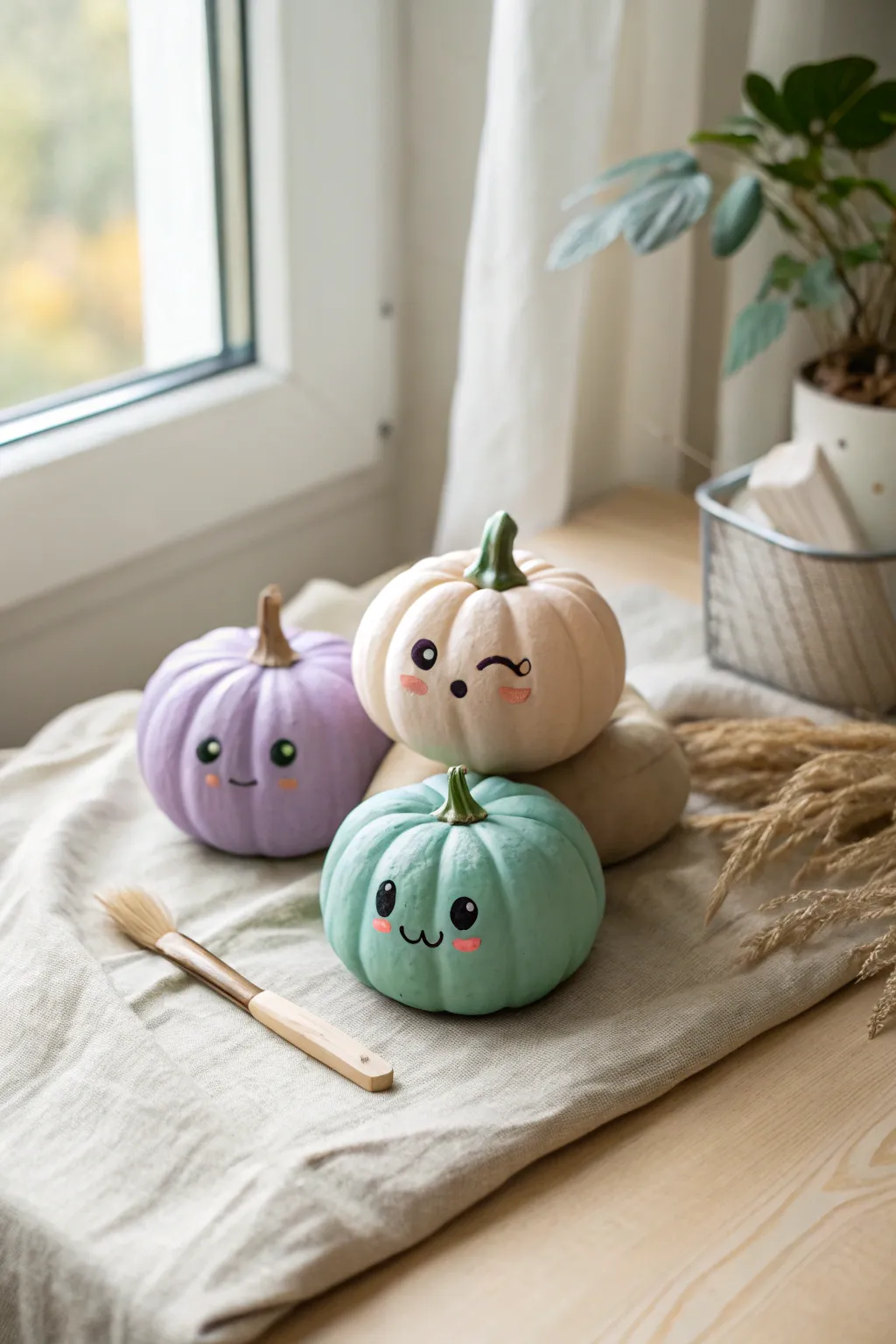 Three pastel mini pumpkins with cute monster faces in a clean Scandinavian boho style