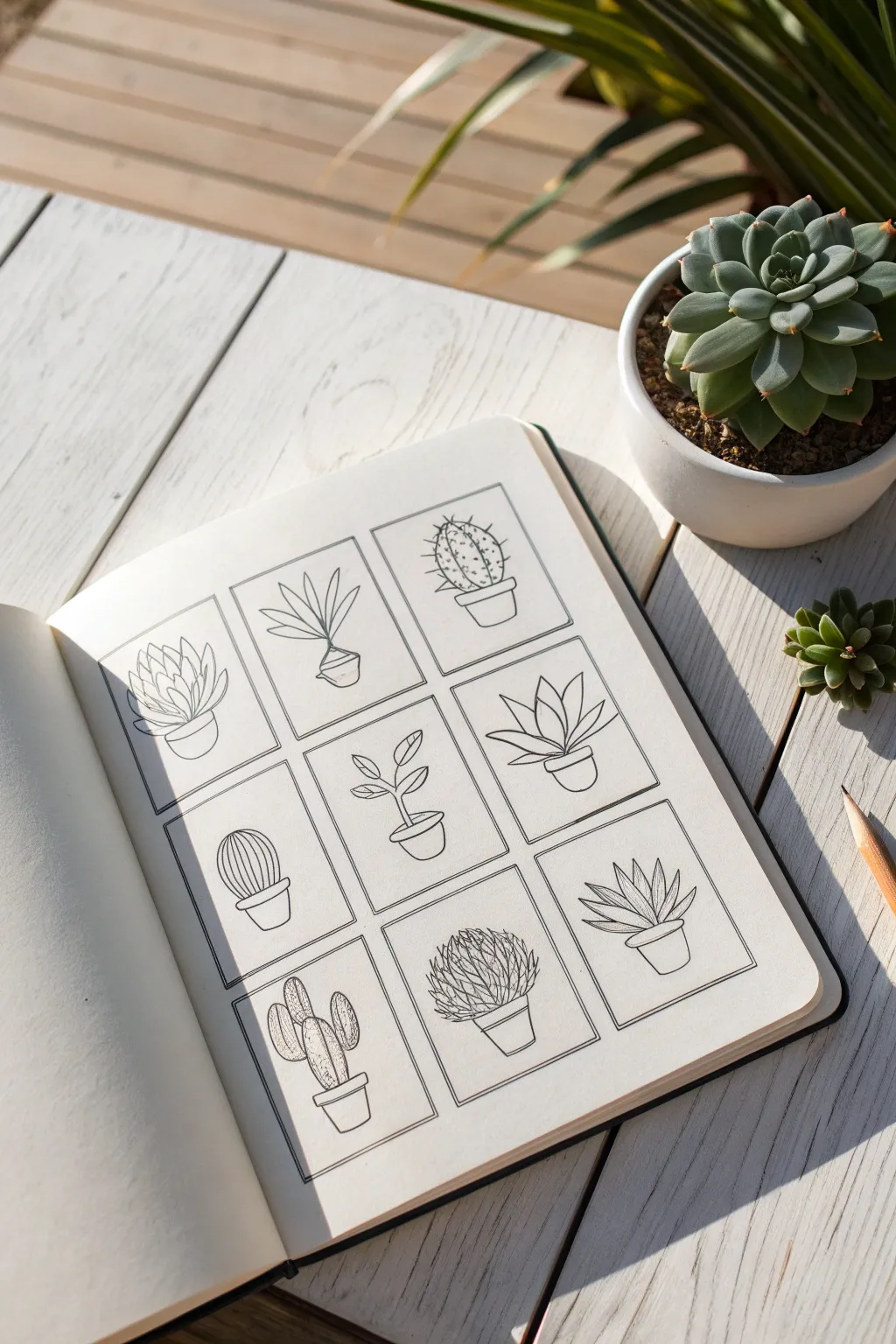 Mini succulent grid page idea: clean squares, tiny plants, simple shading, calm minimalist vibes