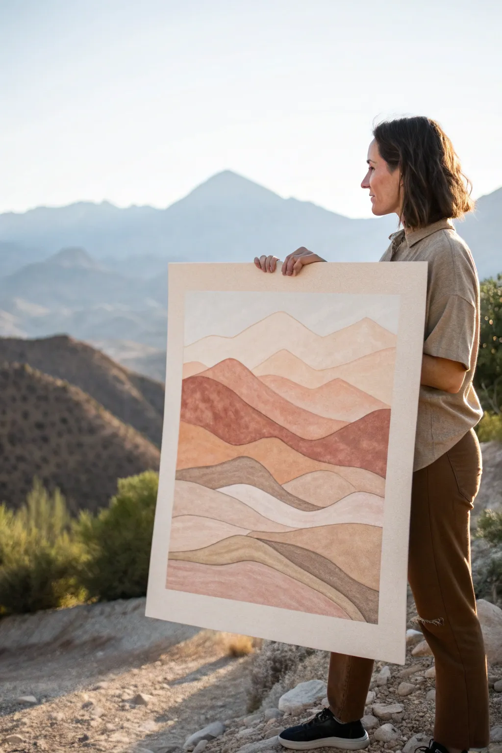 Minimalist overlapping mountain shapes in soft earth tones with calm negative space