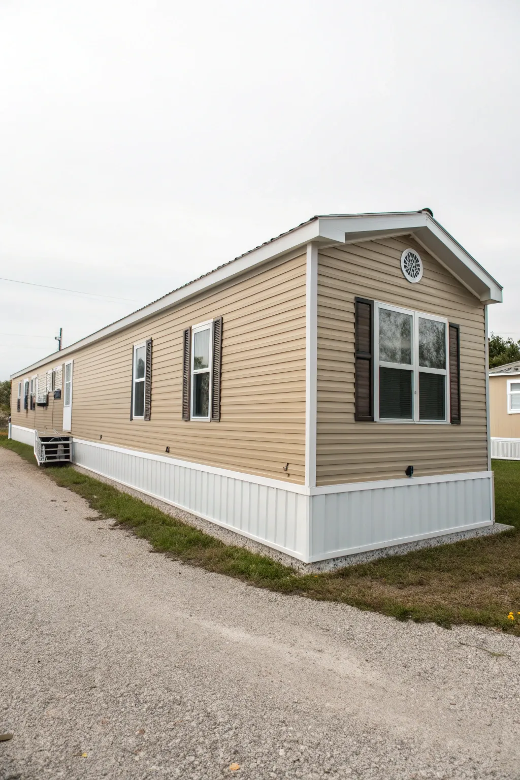 Warm greige mobile home with white trim and neat skirting for a permanent-home feel