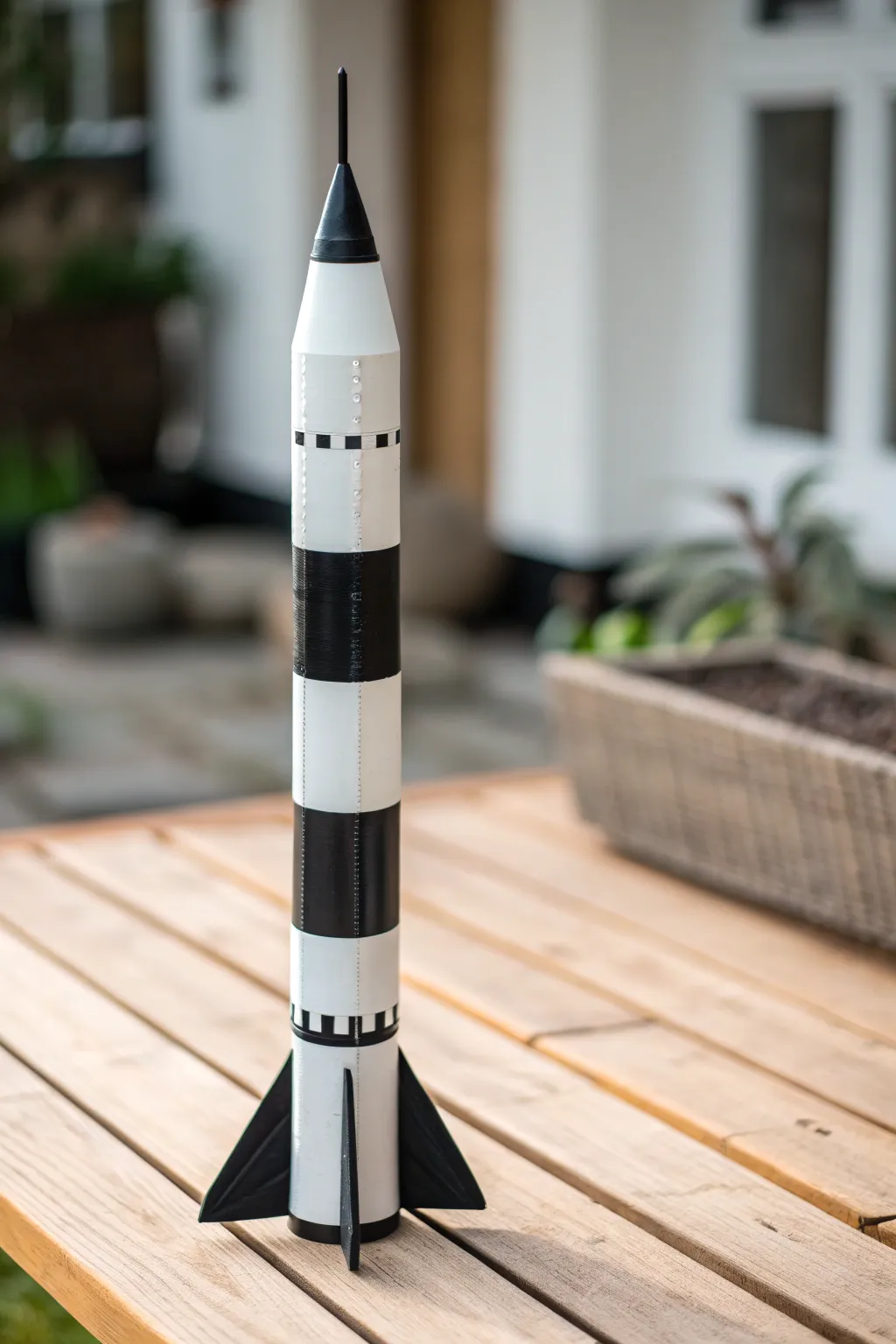Minimalist model rocket with bold black and white block roll pattern for clean modern paint ideas