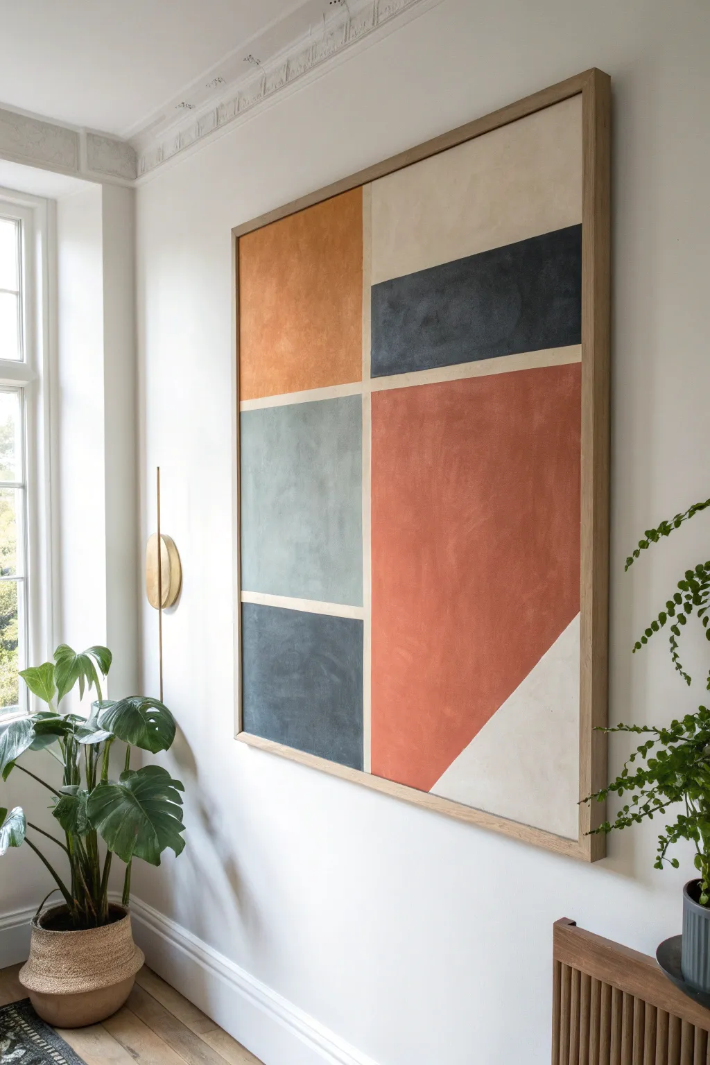 Bold color blocks in terracotta and muted blue for a clean modern, minimalist statement.