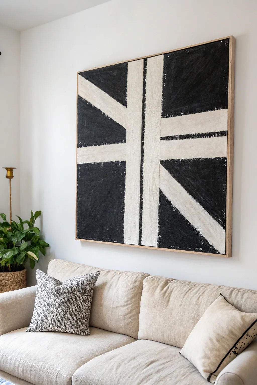 Calm black-and-white canvas art with bold negative space, styled minimally for a modern living room.