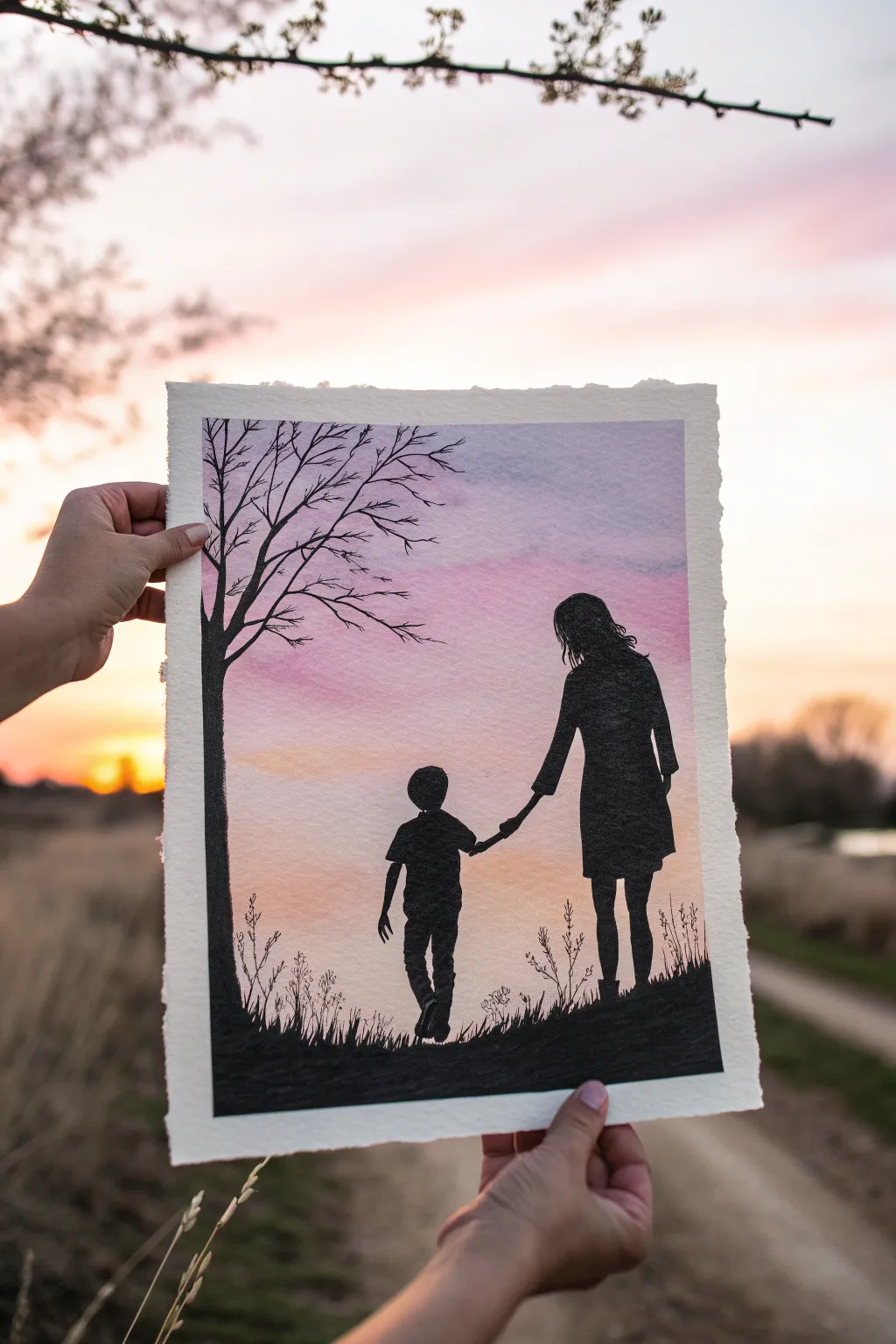 Simple mom and son silhouette on a pastel sunset wash, perfect for an easy painting session.