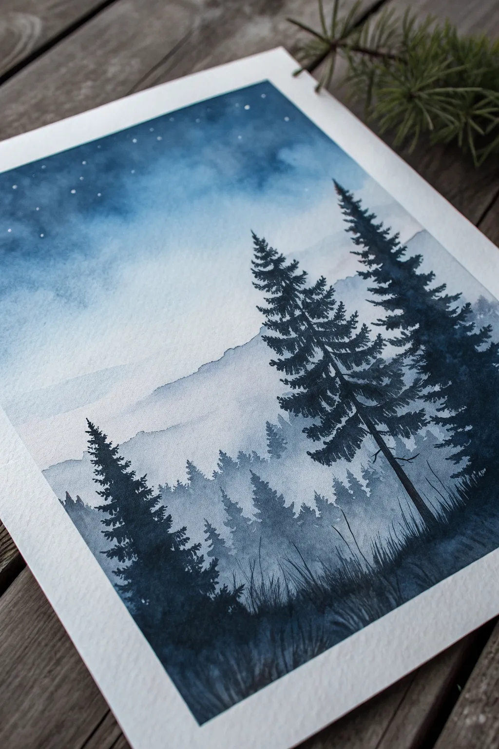 Monochrome watercolor: misty pine silhouettes and a serene gradient sky in one calming hue.