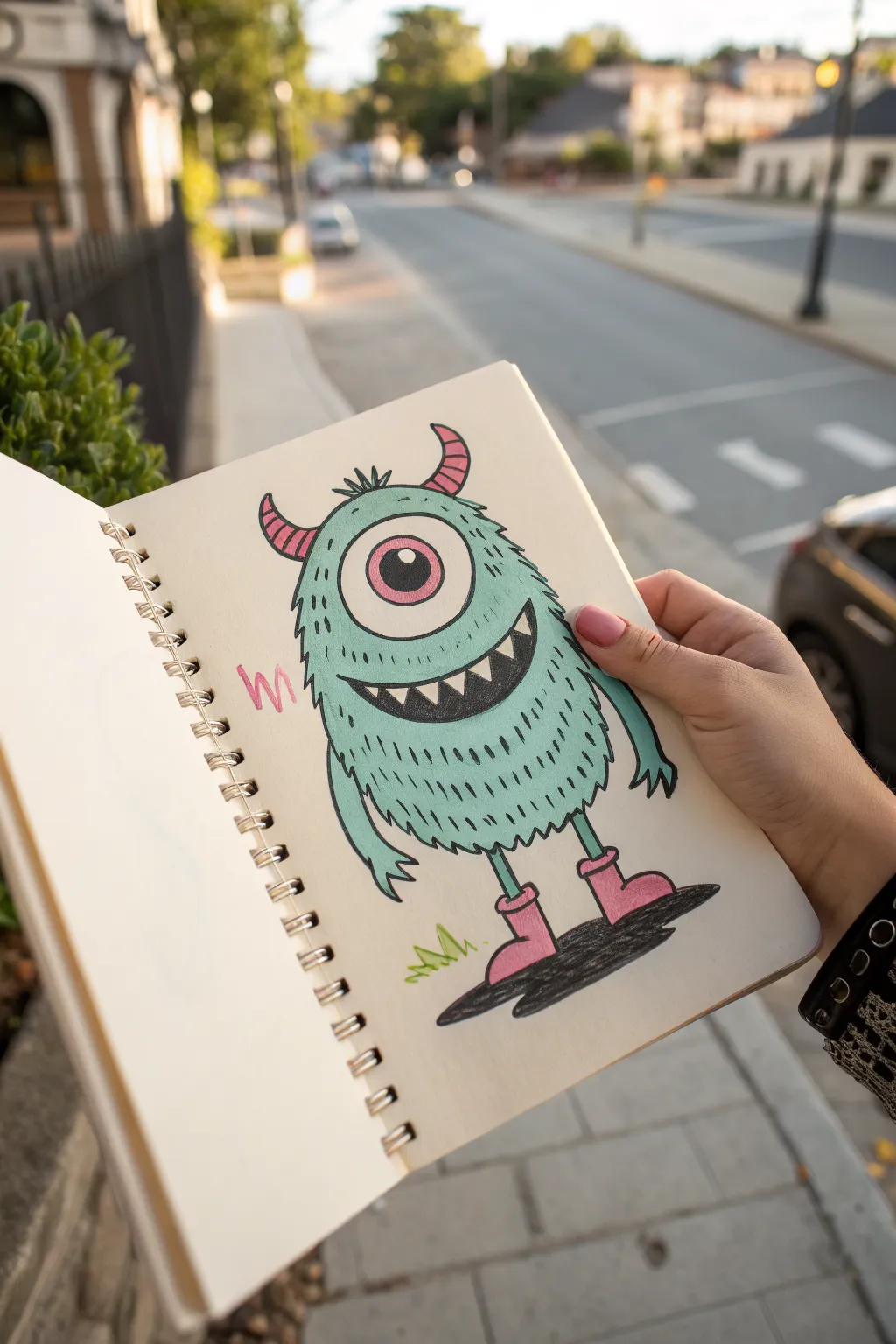 Sweet one-eyed cyclops in teal, pink, and lime for easy, cute monster art practice.