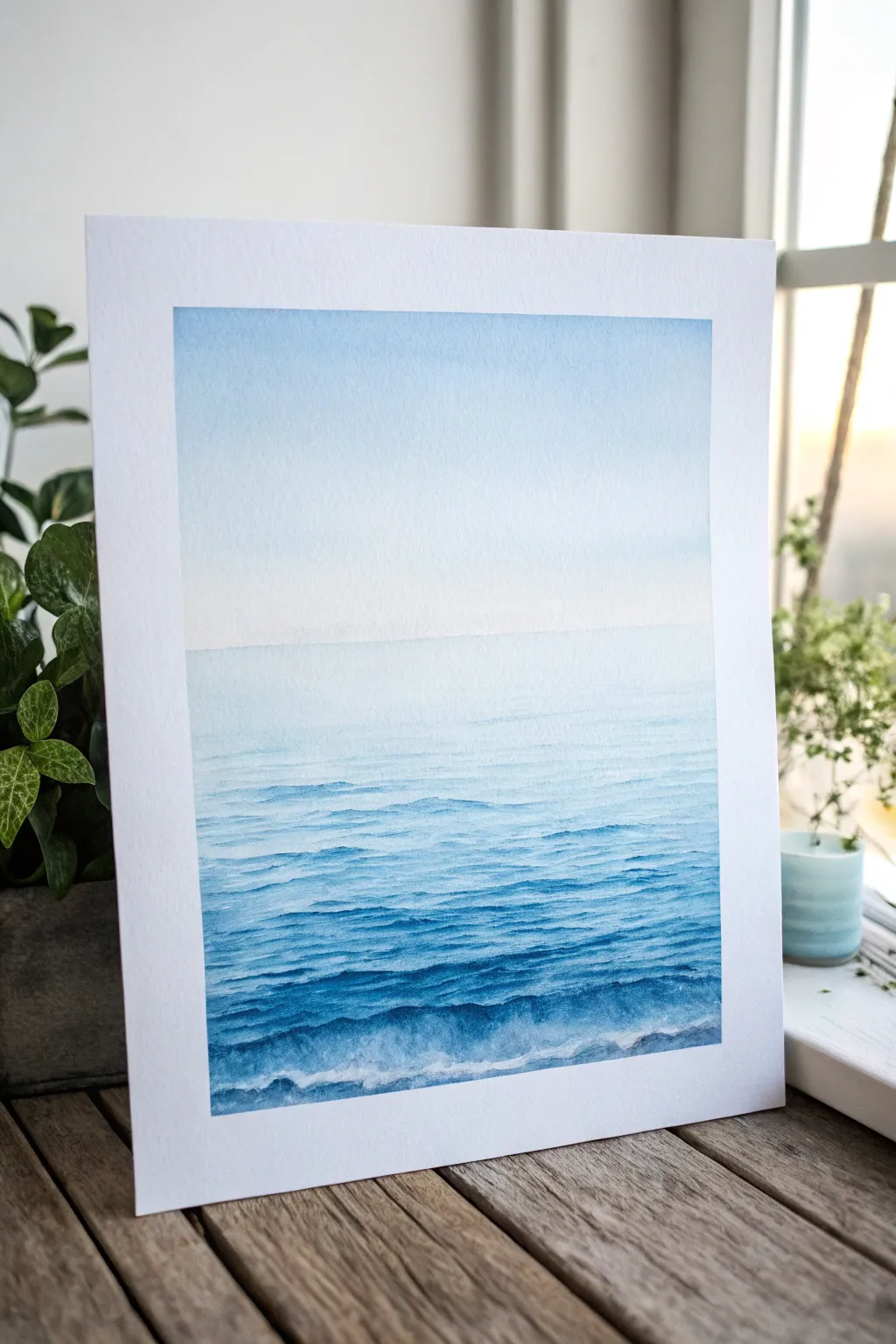 Calm blue wash seascape with breathing room, a soft horizon, and quiet early-morning light.