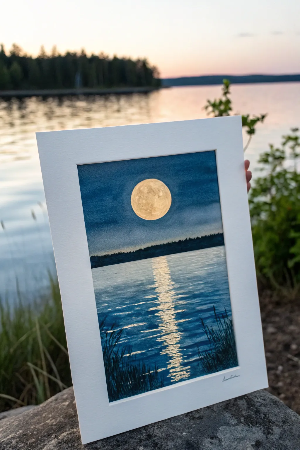 Full moon glow with a shimmering vertical reflection, calm ripples, and minimalist Nordic mood