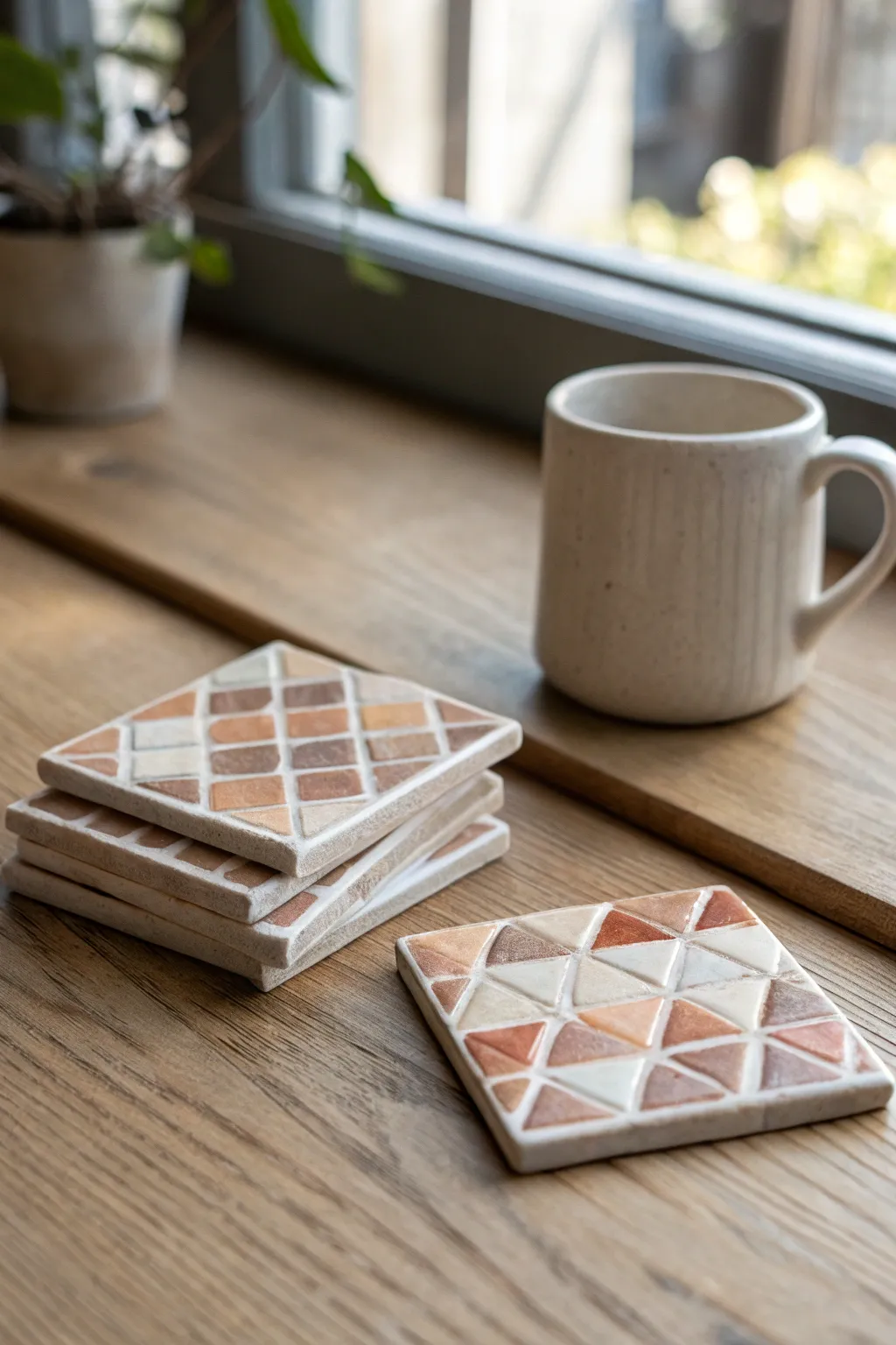 Easy DIY mosaic coasters stacked on light wood, glossy glass tiles catching soft natural light.