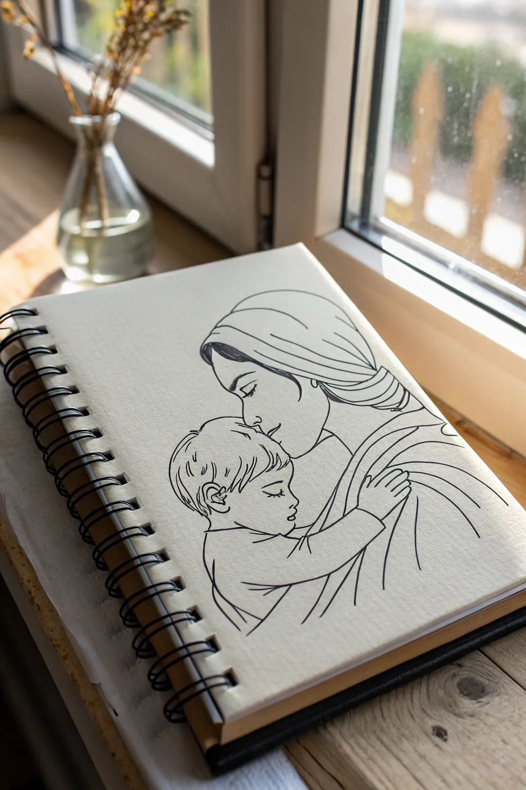 Protective Embrace Portrait: simple line hug of mother and son, calm Scandinavian mood