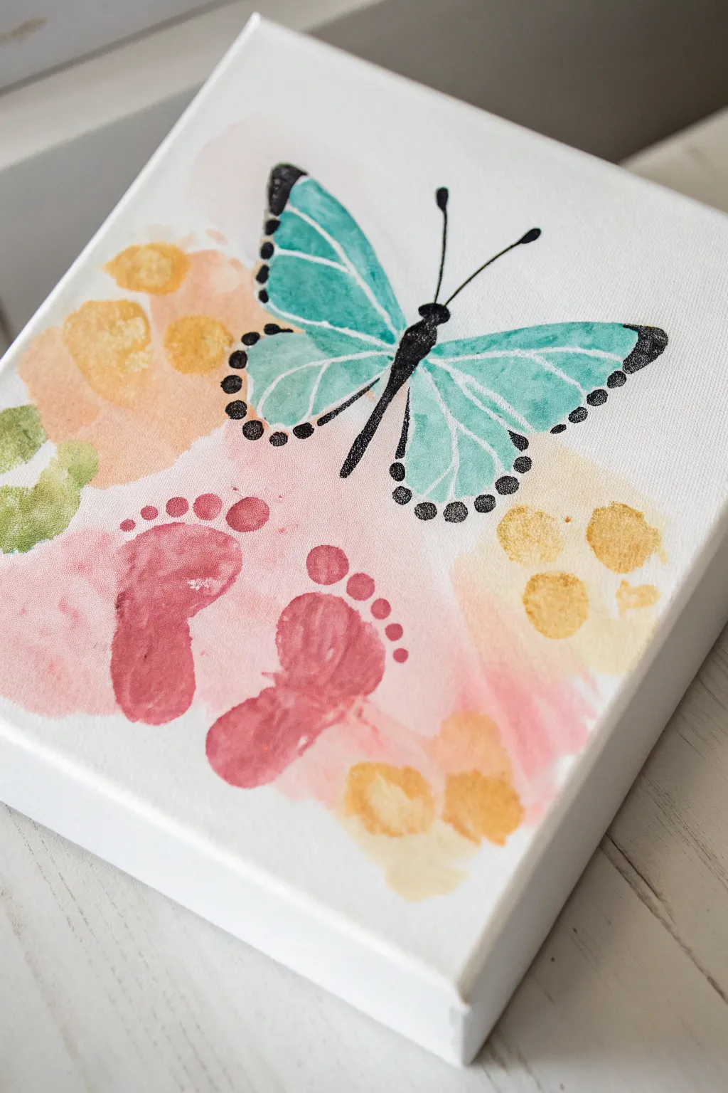 Toddler footprint butterfly on canvas, a minimalist Mothers Day keepsake with cheerful color
