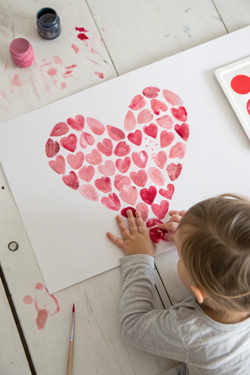 Sweet fingerprint heart cluster card, simple Scandinavian flat lay for Mothers Day crafting.