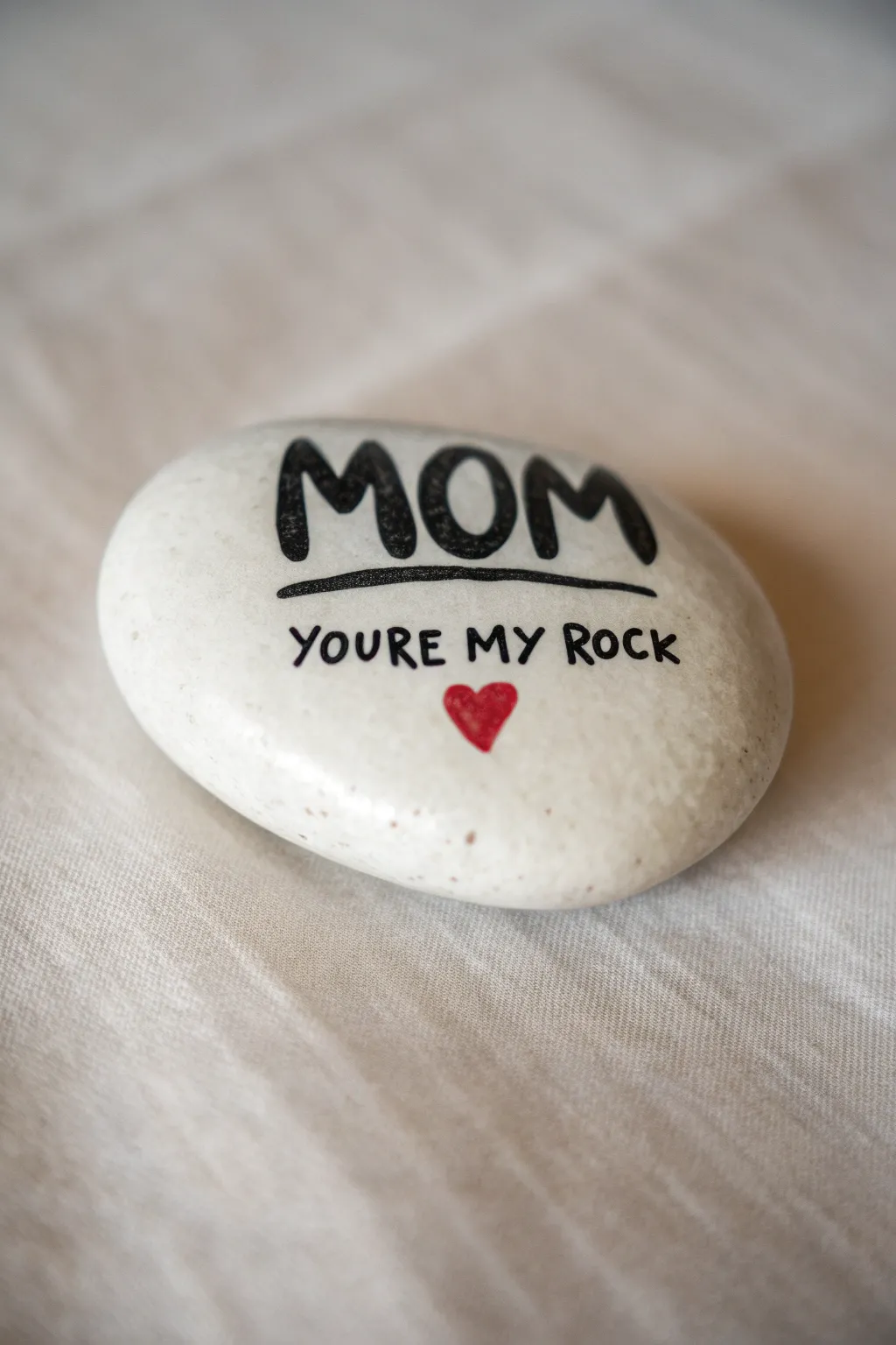 Minimal boho Mothers Day rock with bold Mom lettering, heart detail, glossy finish