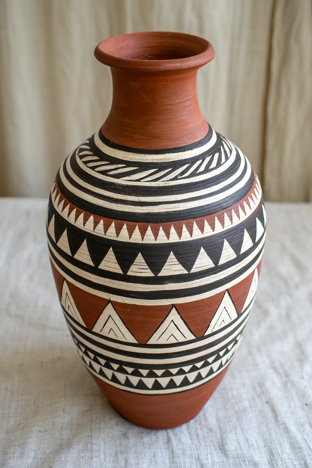 Bold geometric bands on a rounded mud vase, minimalist black and white pattern inspiration.